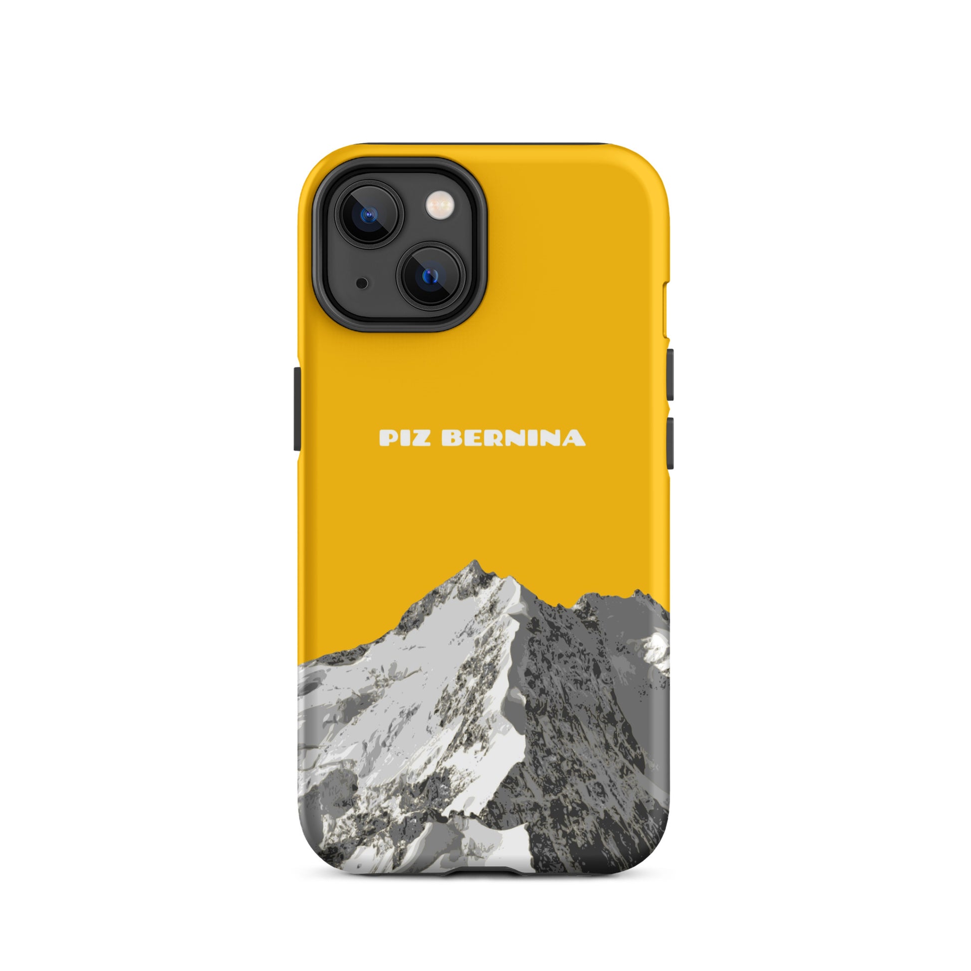 Hülle für das iPhone 14 von Apple in der Farbe Goldgelb, dass den Piz Bernina in Graubünden zeigt.
