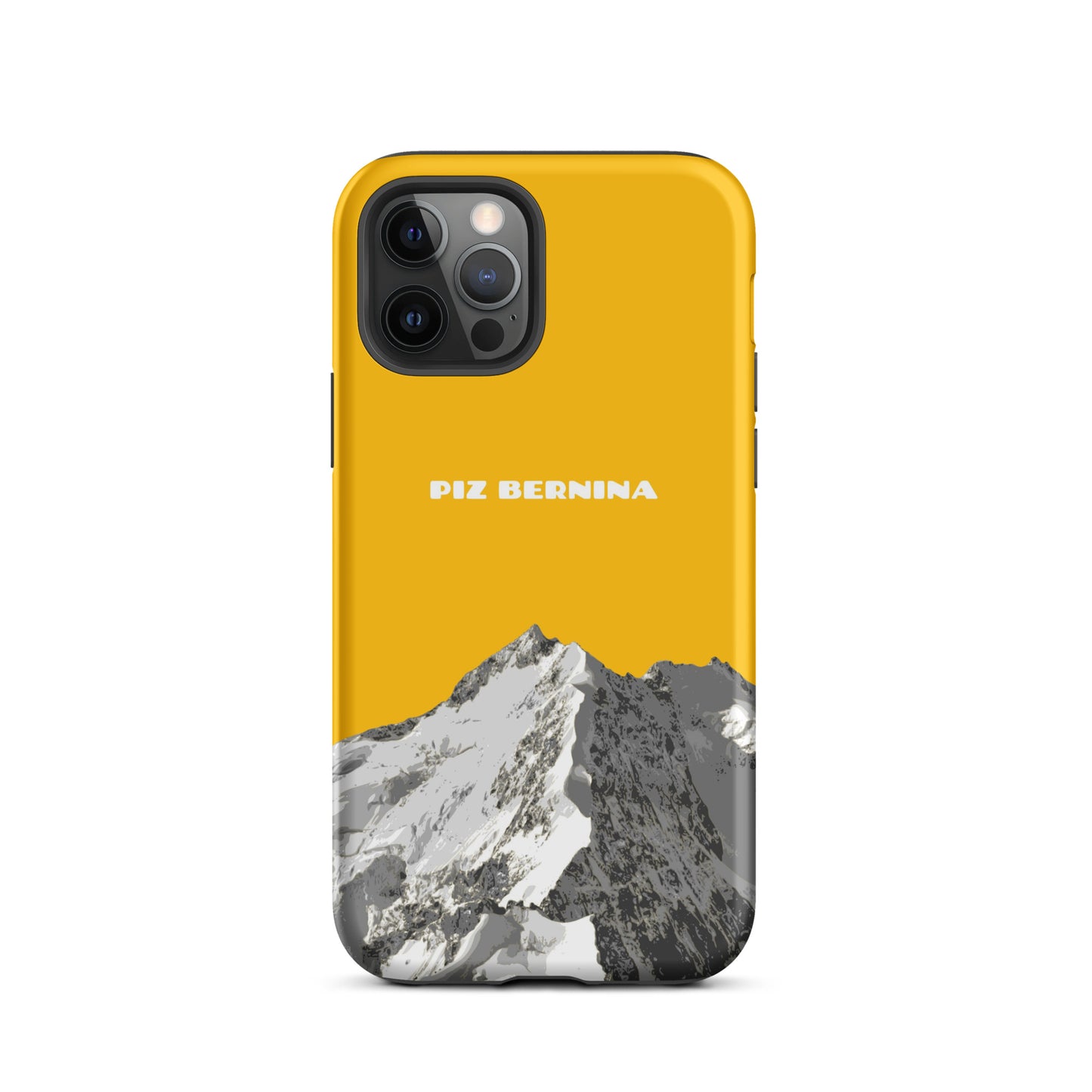 Hülle für das iPhone 12 Pro von Apple in der Farbe Goldgelb, dass den Piz Bernina in Graubünden zeigt.