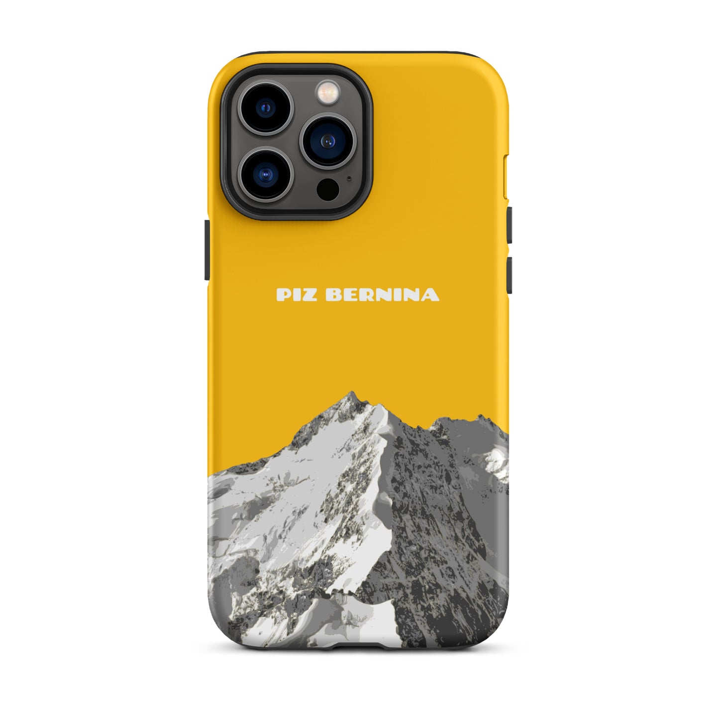 Hülle für das iPhone 13 Pro Max von Apple in der Farbe Goldgelb, dass den Piz Bernina in Graubünden zeigt.