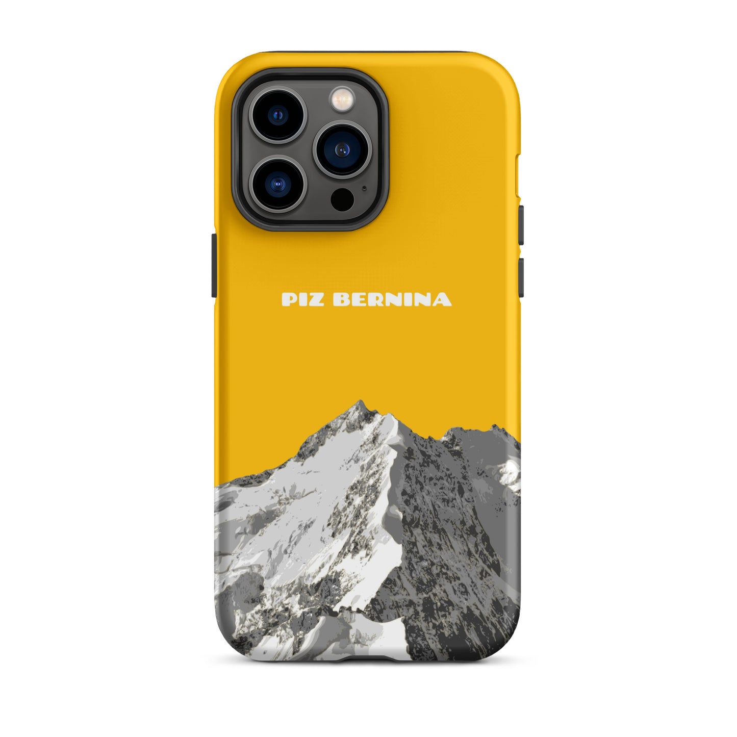 Hülle für das iPhone 14 Pro Max von Apple in der Farbe Goldgelb, dass den Piz Bernina in Graubünden zeigt.