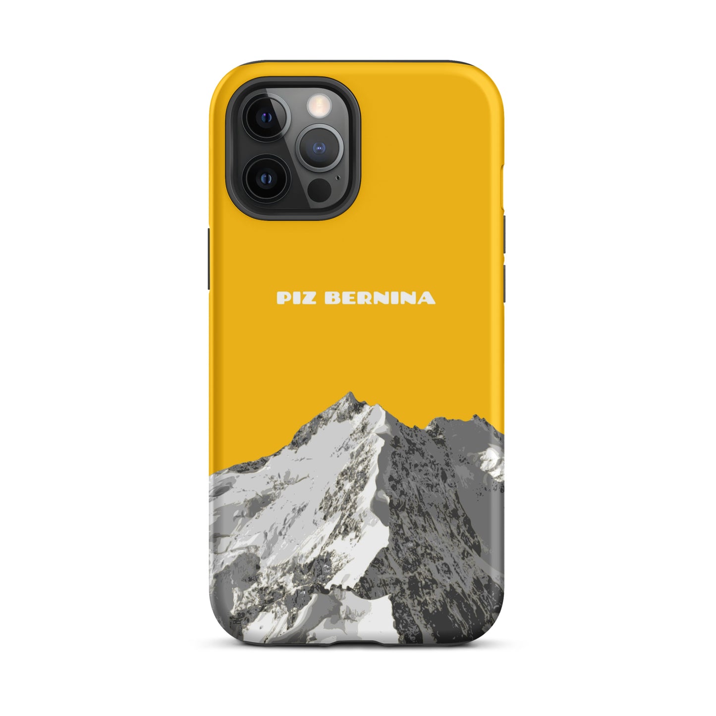 Hülle für das iPhone 12 Pro Max von Apple in der Farbe Goldgelb, dass den Piz Bernina in Graubünden zeigt.