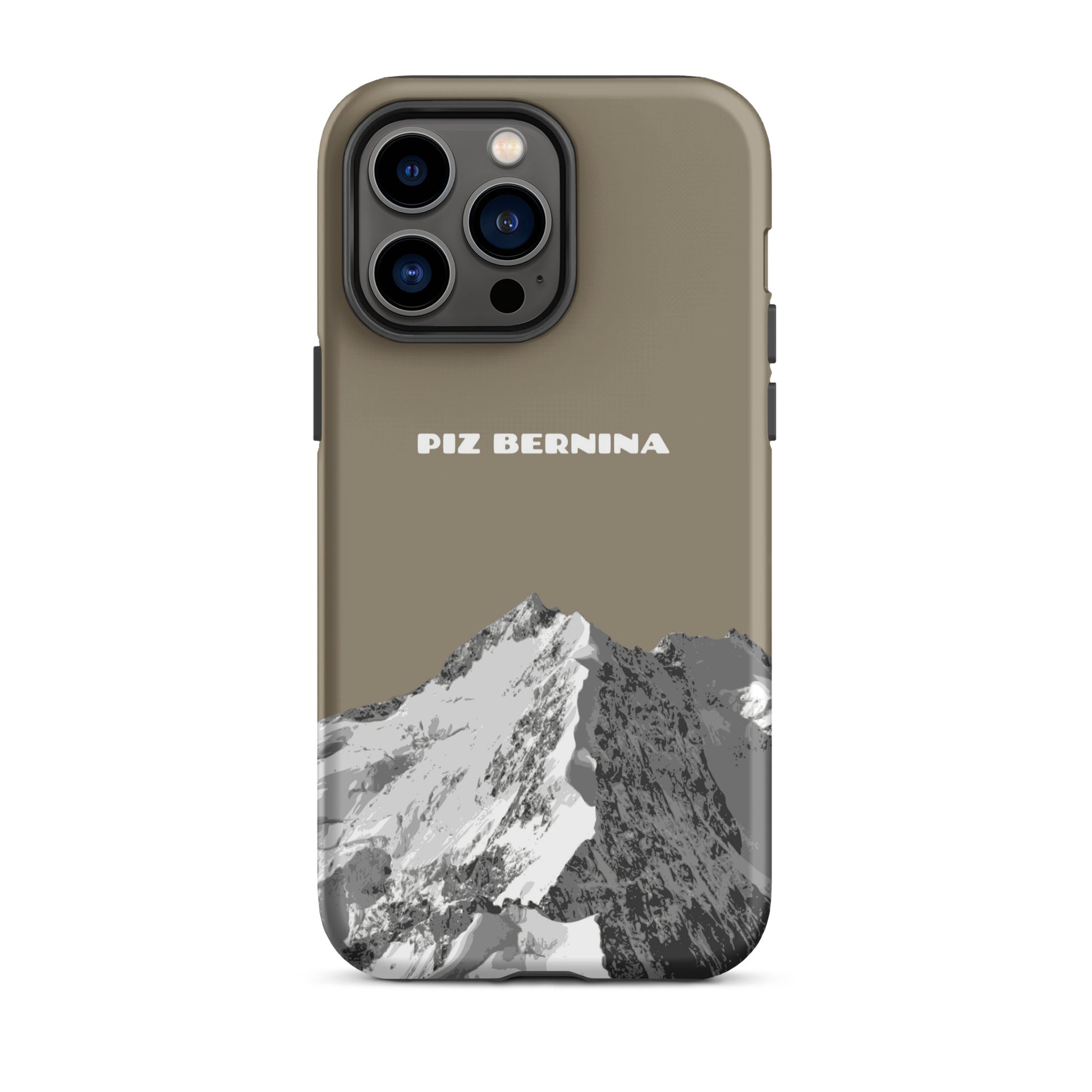 Hülle für das iPhone 14 Pro Max von Apple in der Farbe Graubraun, dass den Piz Bernina in Graubünden zeigt.