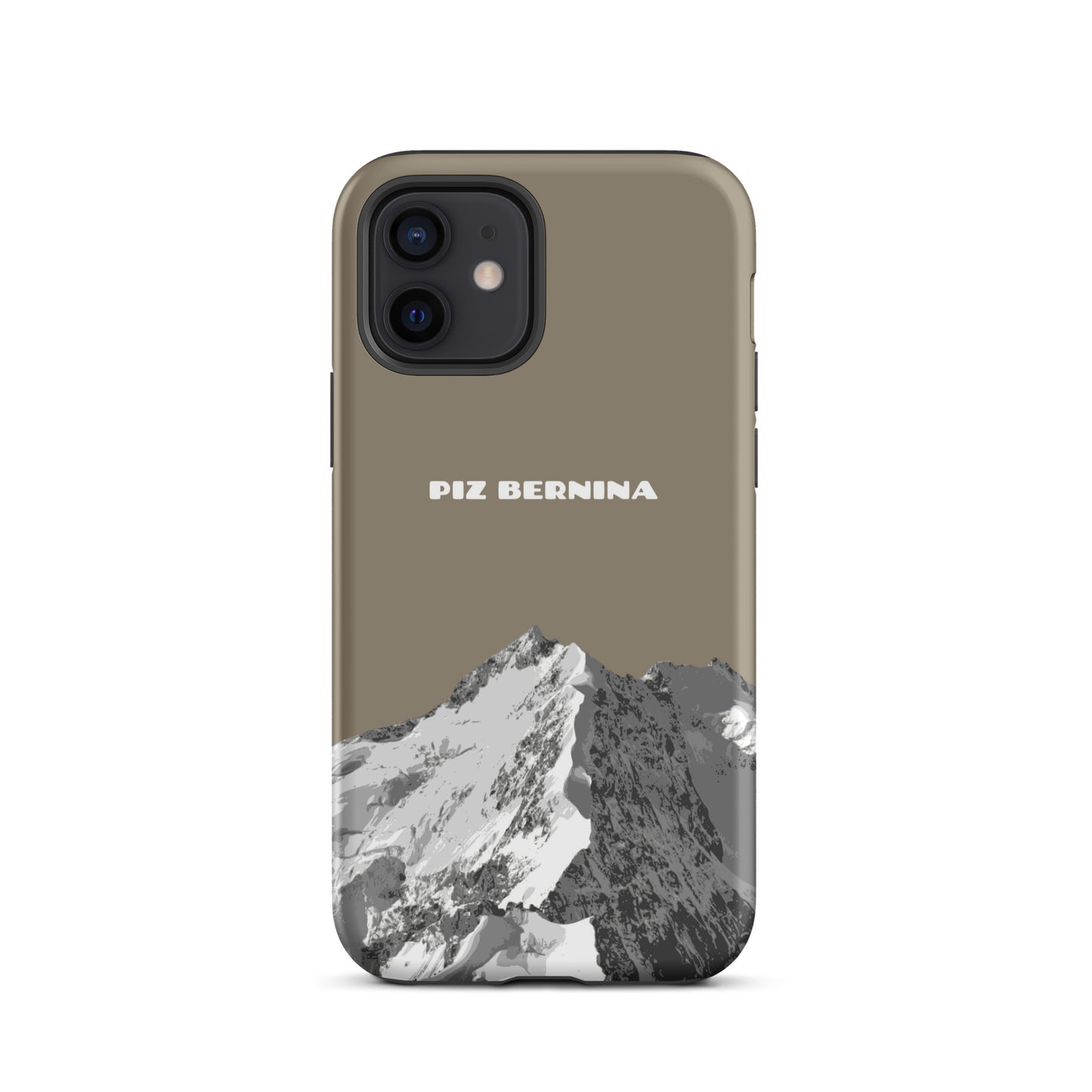 Hülle für das iPhone 12 von Apple in der Farbe Graubraun, dass den Piz Bernina in Graubünden zeigt.