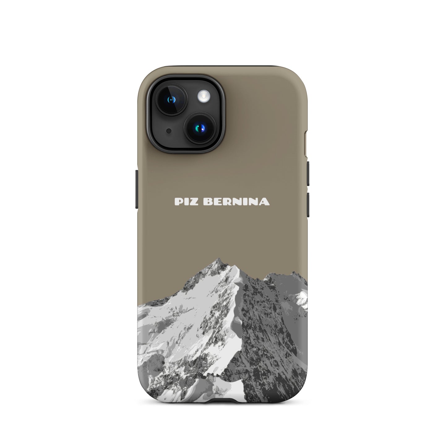 Hülle für das iPhone 15 von Apple in der Farbe Graubraun, dass den Piz Bernina in Graubünden zeigt.