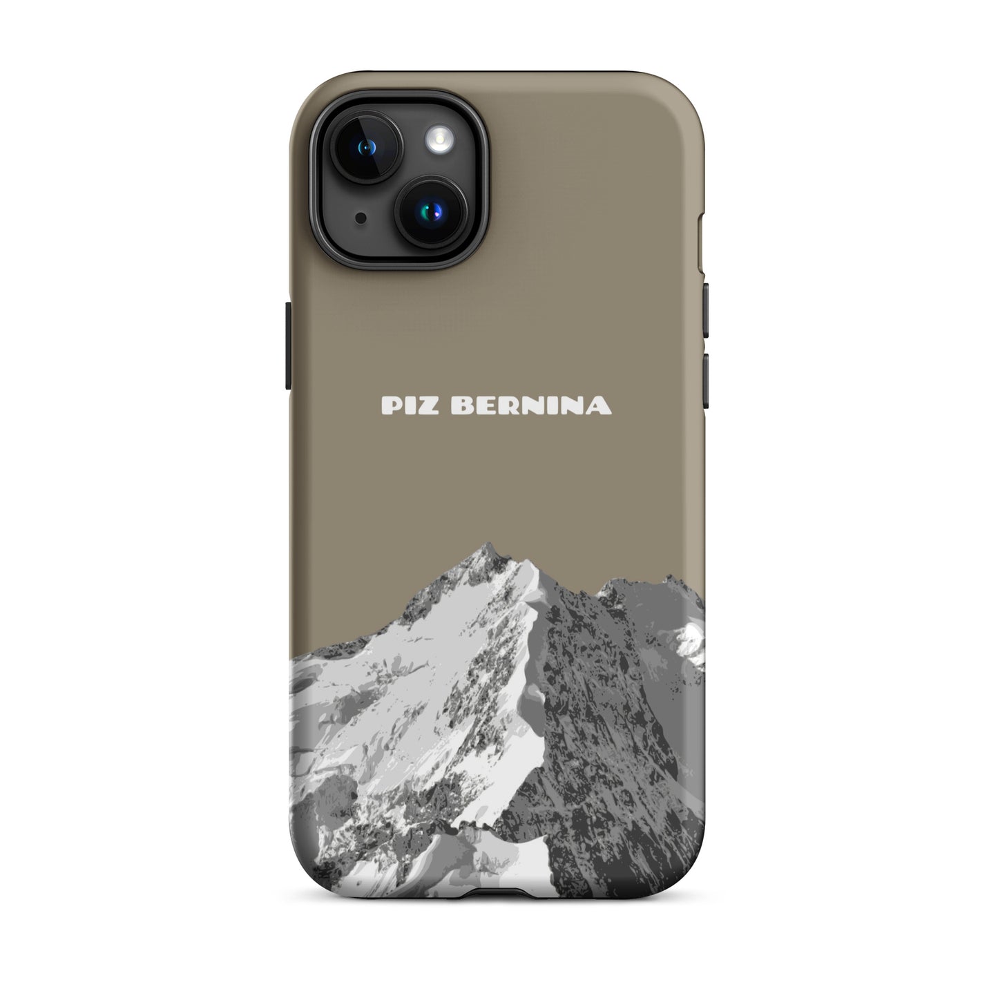 Hülle für das iPhone 15 Plus von Apple in der Farbe Graubraun, dass den Piz Bernina in Graubünden zeigt.