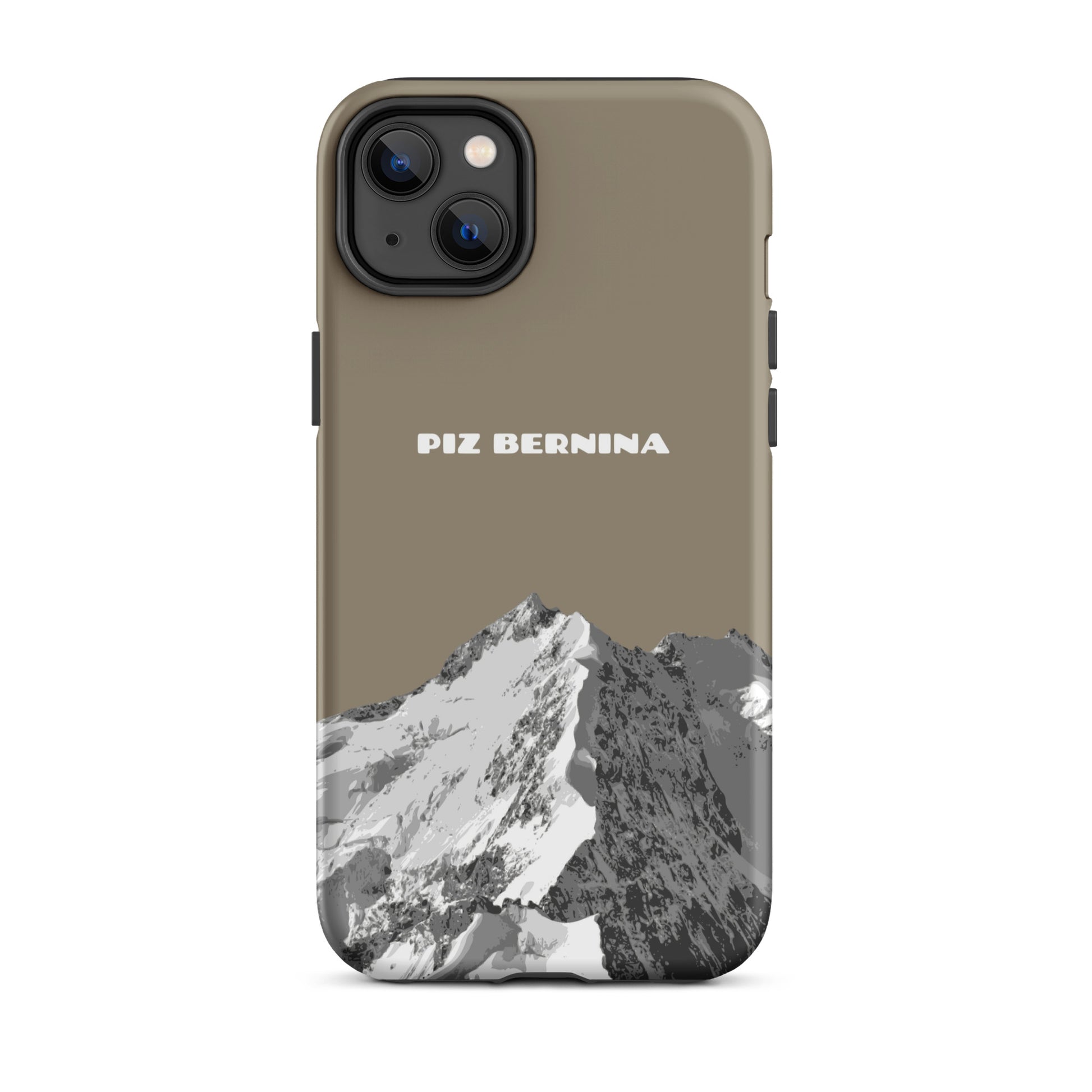 Hülle für das iPhone 14 Plus von Apple in der Farbe Graubraun, dass den Piz Bernina in Graubünden zeigt.
