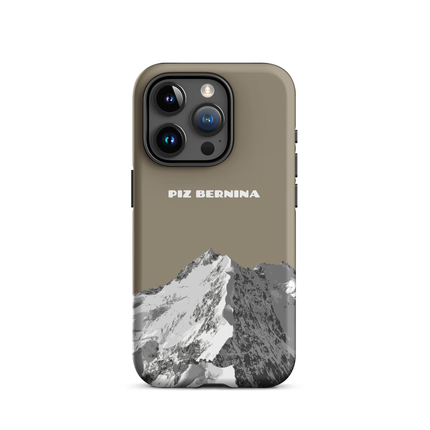 Hülle für das iPhone 15 Pro von Apple in der Farbe Graubraun, dass den Piz Bernina in Graubünden zeigt.