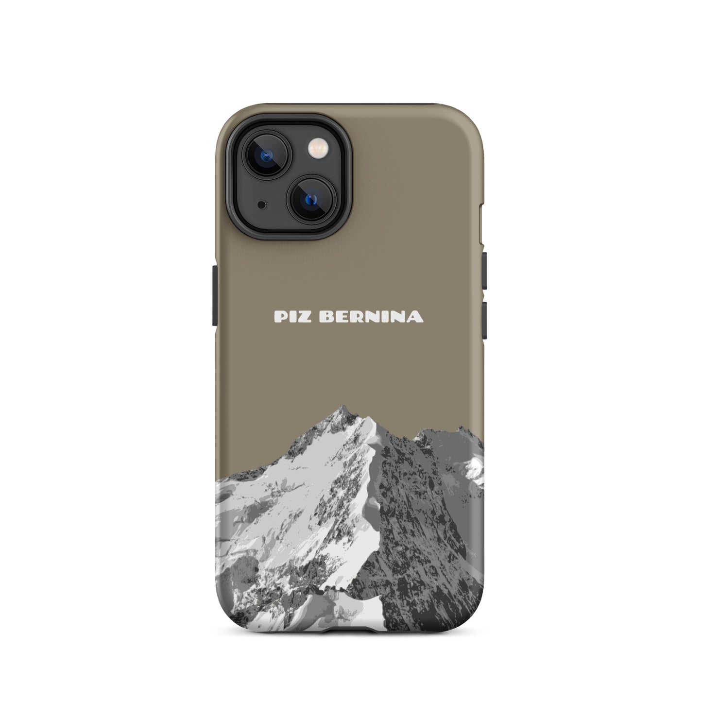 Hülle für das iPhone 14 von Apple in der Farbe Graubraun, dass den Piz Bernina in Graubünden zeigt.