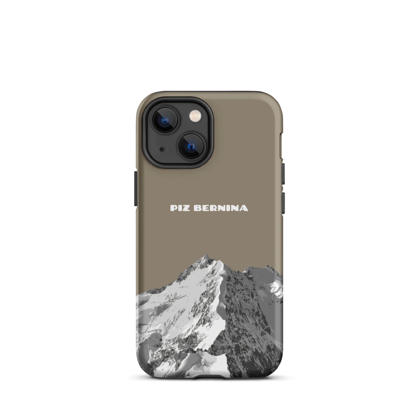 Hülle für das iPhone 13 Mini von Apple in der Farbe Graubraun, dass den Piz Bernina in Graubünden zeigt.