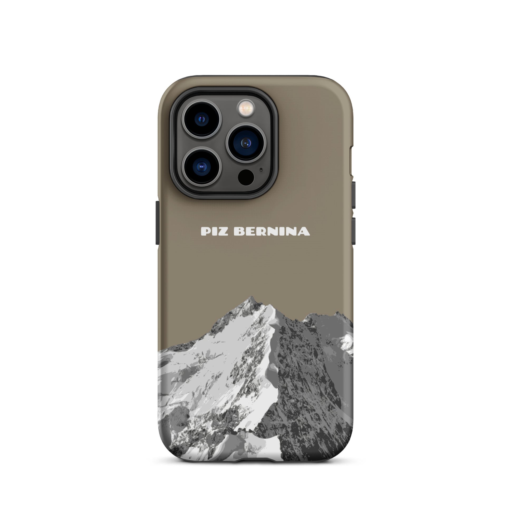 Hülle für das iPhone 14 Pro von Apple in der Farbe Graubraun, dass den Piz Bernina in Graubünden zeigt.