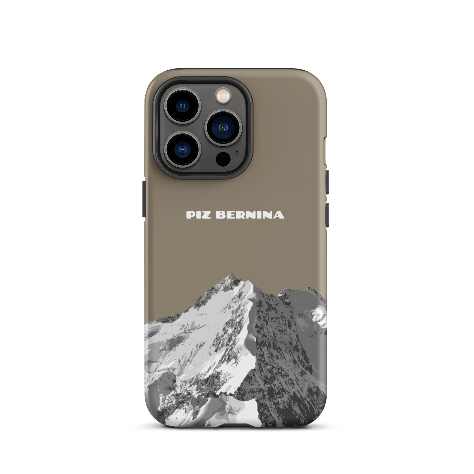 Hülle für das iPhone 13 Pro von Apple in der Farbe Graubraun, dass den Piz Bernina in Graubünden zeigt.