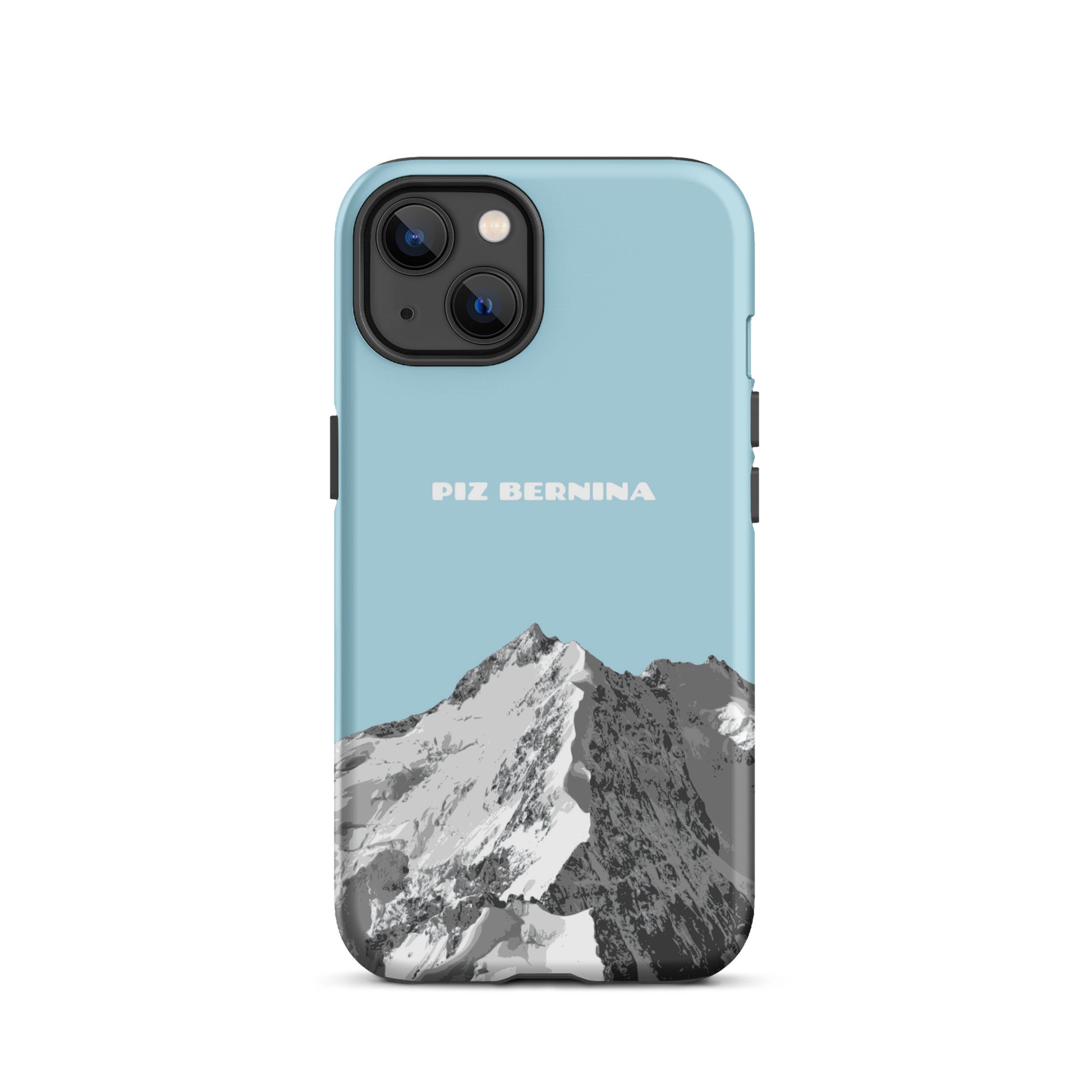 Hülle für das iPhone 13 von Apple in der Farbe Hellblau, dass den Piz Bernina in Graubünden zeigt.