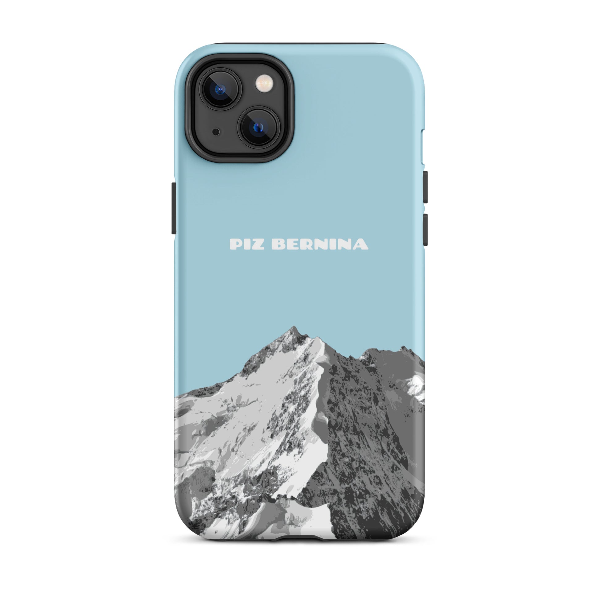 Hülle für das iPhone 14 Plus von Apple in der Farbe Hellblau, dass den Piz Bernina in Graubünden zeigt.