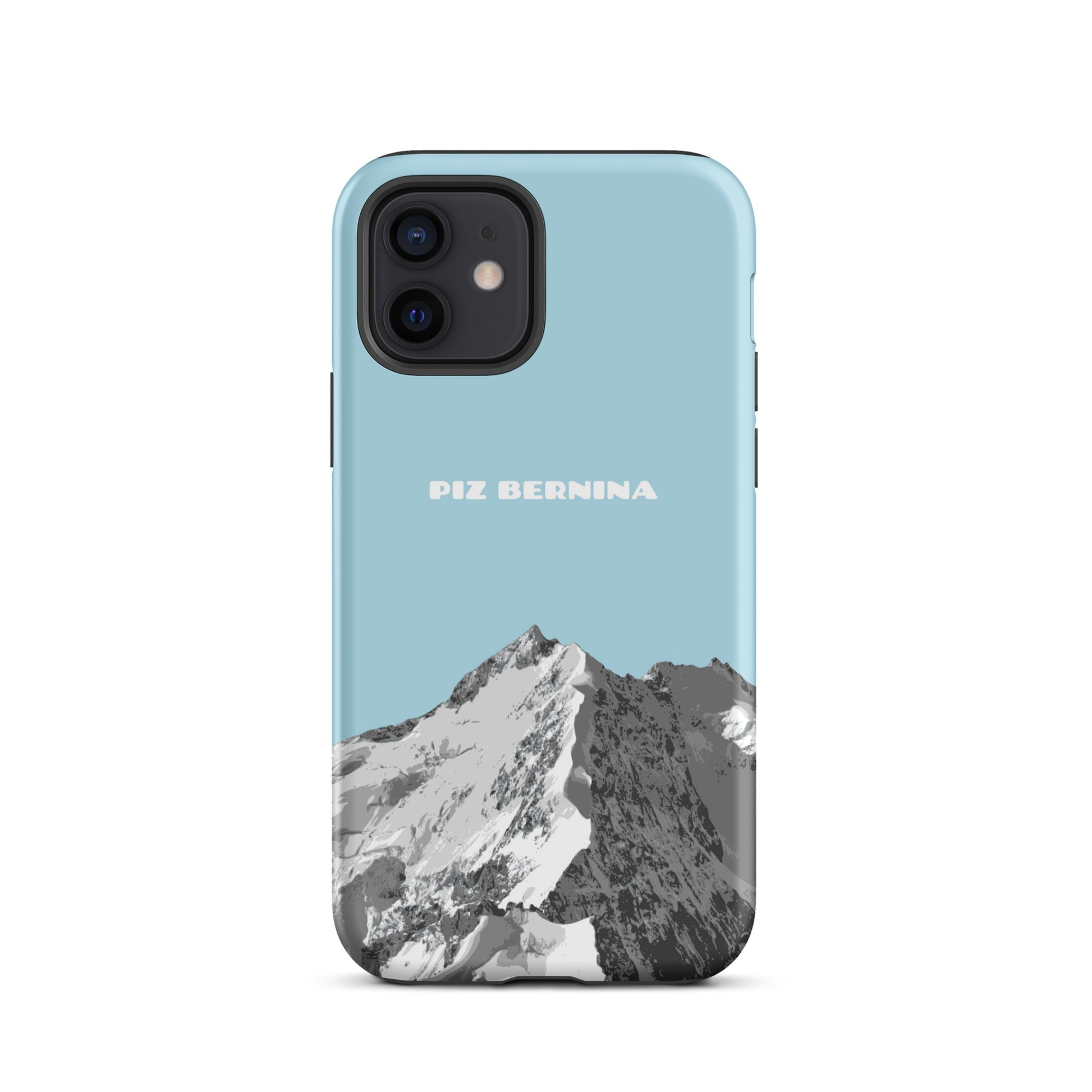Hülle für das iPhone 12 von Apple in der Farbe Hellblau, dass den Piz Bernina in Graubünden zeigt.