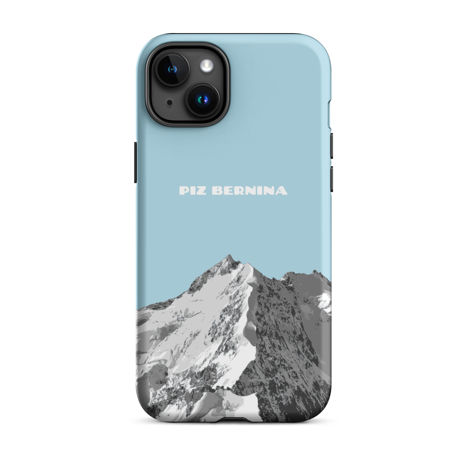 Hülle für das iPhone 15 Plus von Apple in der Farbe Hellblau, dass den Piz Bernina in Graubünden zeigt.