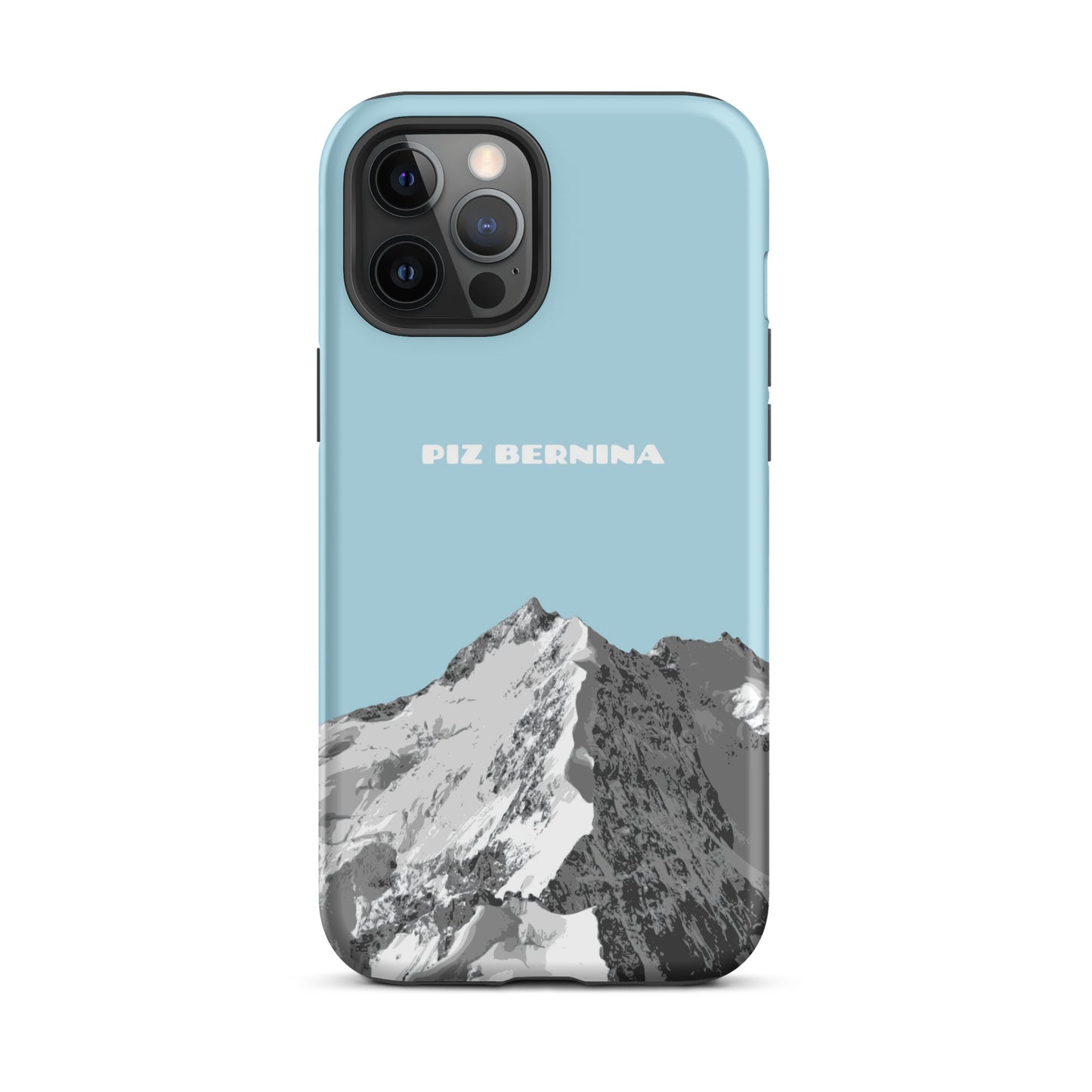 Hülle für das iPhone 12 Pro Max von Apple in der Farbe Hellblau, dass den Piz Bernina in Graubünden zeigt.