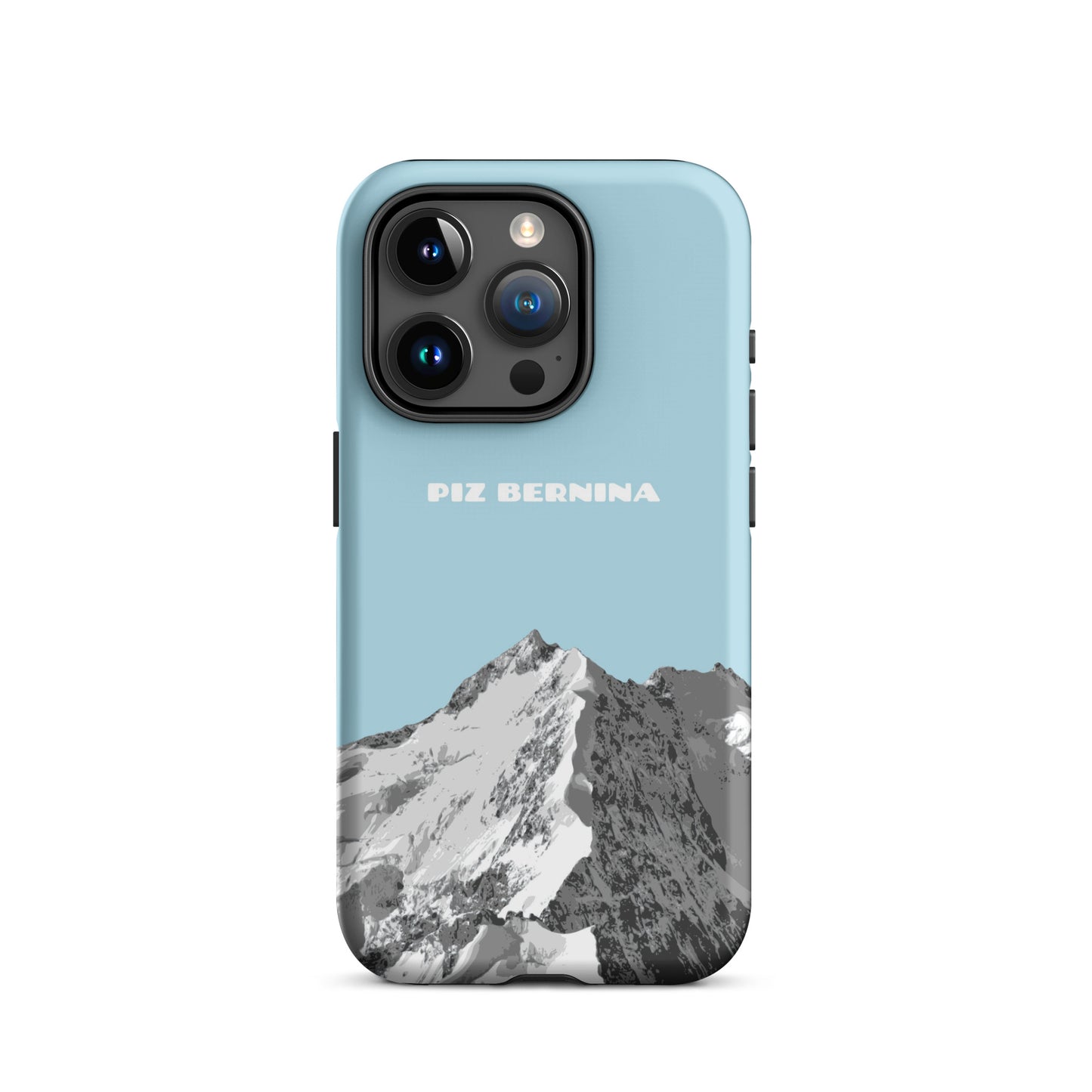 Hülle für das iPhone 15 Pro von Apple in der Farbe Hellblau, dass den Piz Bernina in Graubünden zeigt.