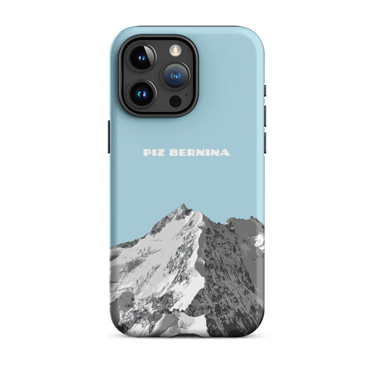 Hülle für das iPhone 15 Pro Max von Apple in der Farbe Hellblau, dass den Piz Bernina in Graubünden zeigt.