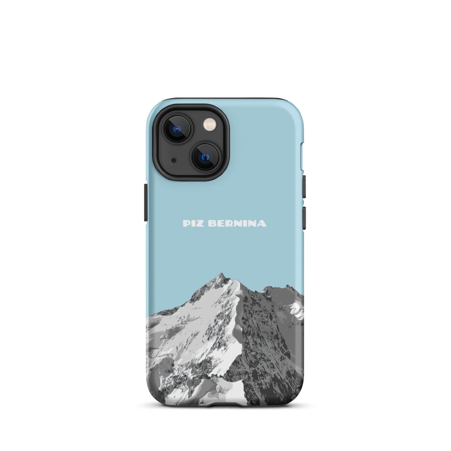 Hülle für das iPhone 13 Mini von Apple in der Farbe Hellblau, dass den Piz Bernina in Graubünden zeigt.