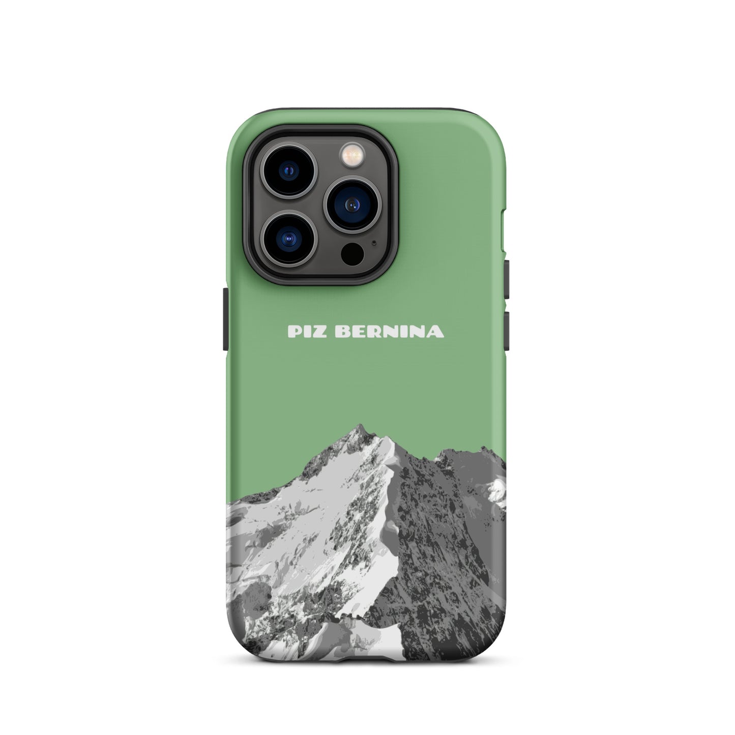 Hülle für das iPhone 14 Pro von Apple in der Farbe Hellgrün, dass den Piz Bernina in Graubünden zeigt.