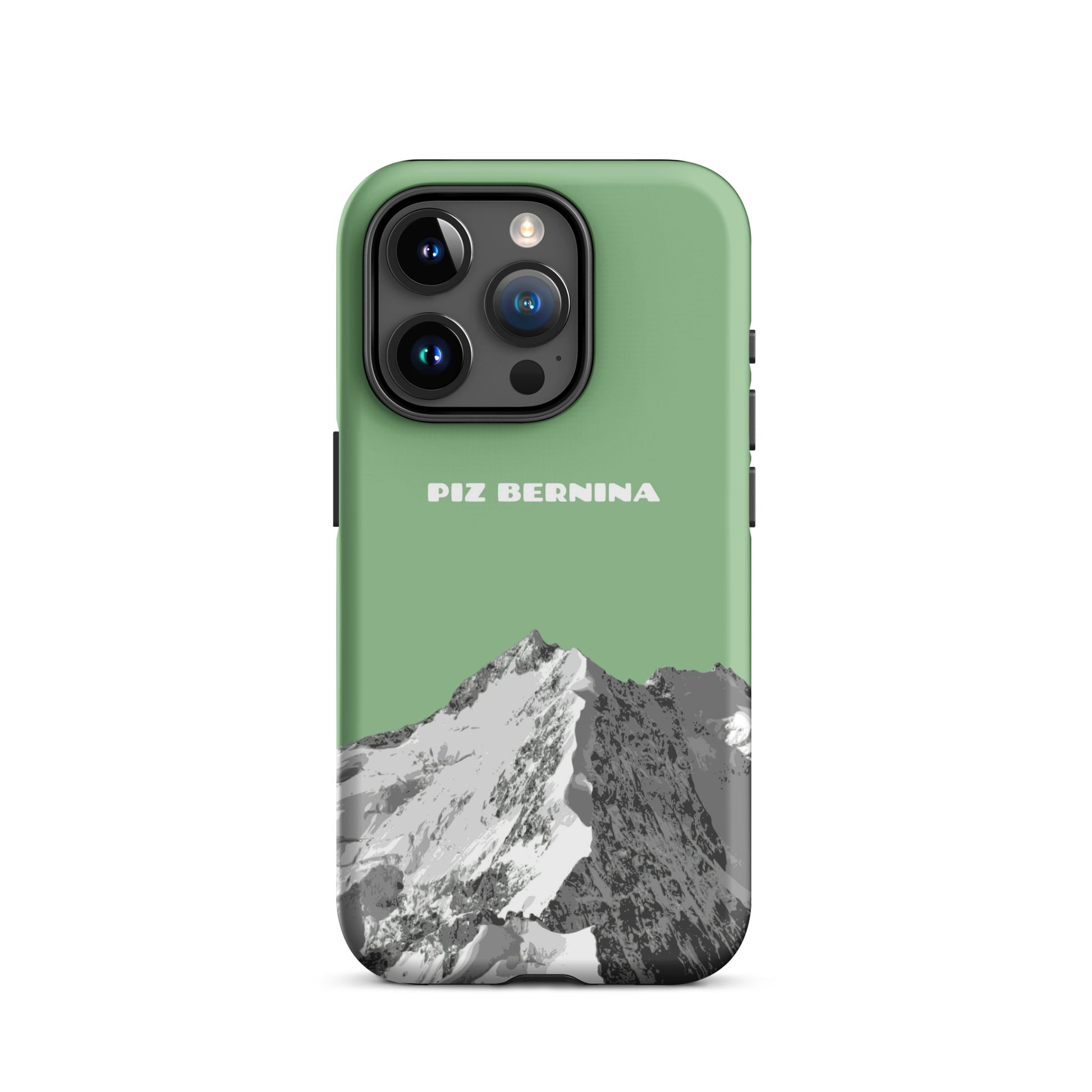 Hülle für das iPhone 15 Pro von Apple in der Farbe Hellgrün, dass den Piz Bernina in Graubünden zeigt.