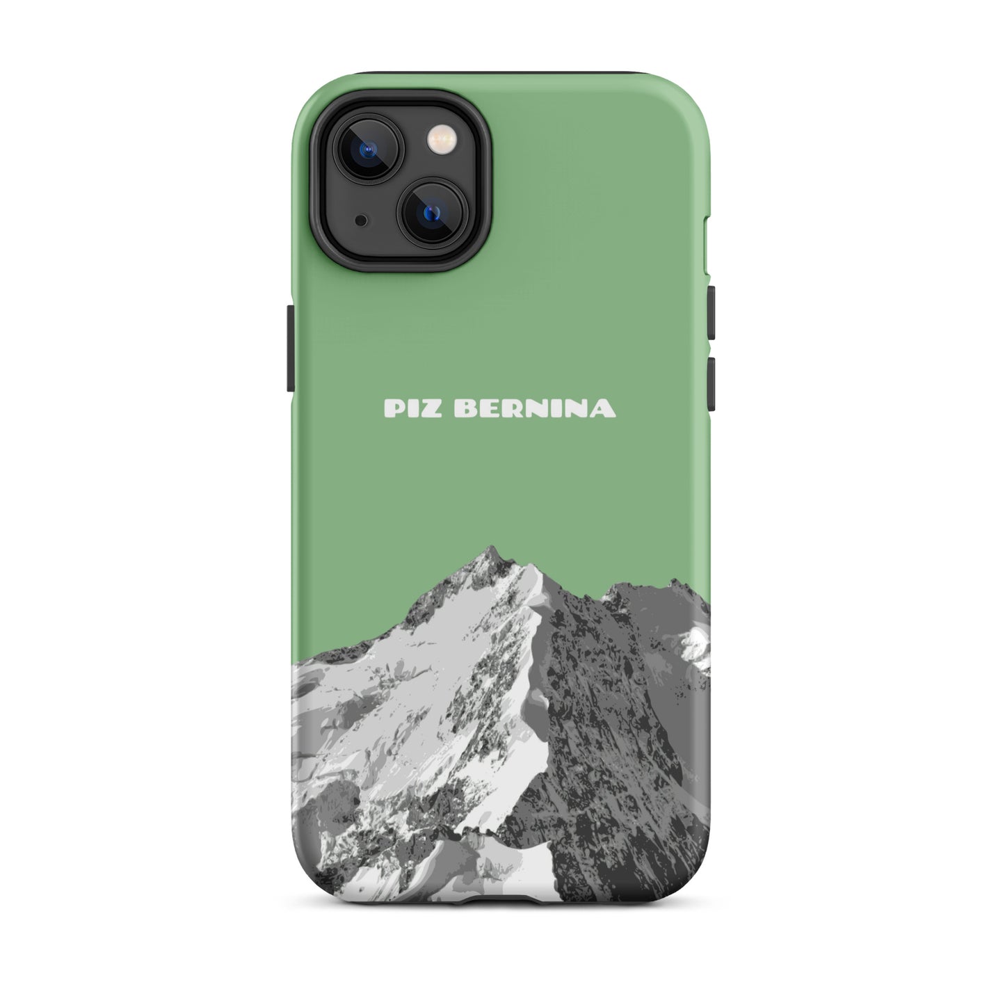 Hülle für das iPhone 14 Plus von Apple in der Farbe Hellgrün, dass den Piz Bernina in Graubünden zeigt.