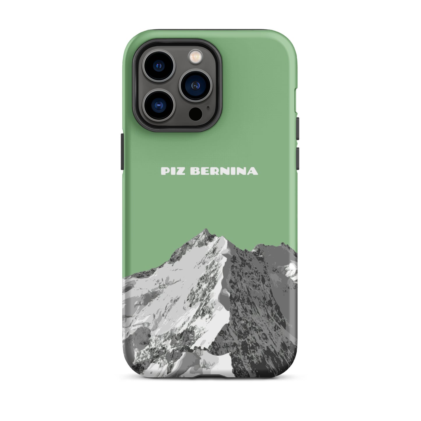 Hülle für das iPhone 14 Pro Max von Apple in der Farbe Hellgrün, dass den Piz Bernina in Graubünden zeigt.