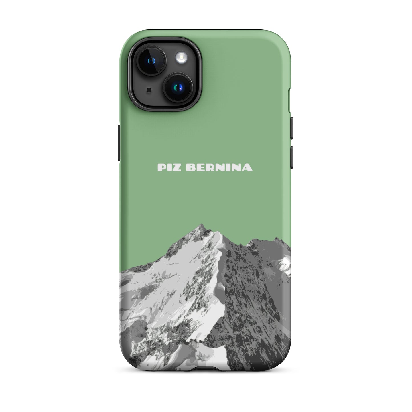 Hülle für das iPhone 15 Plus von Apple in der Farbe Hellgrün, dass den Piz Bernina in Graubünden zeigt.