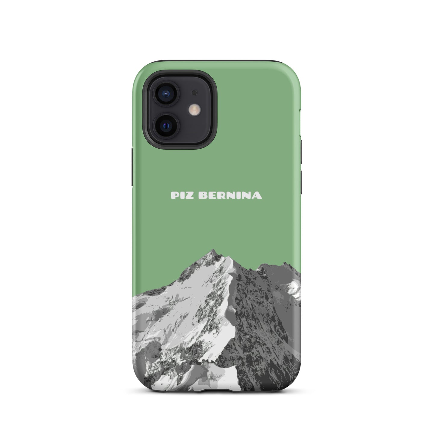 Hülle für das iPhone 12 von Apple in der Farbe Hellgrün, dass den Piz Bernina in Graubünden zeigt.