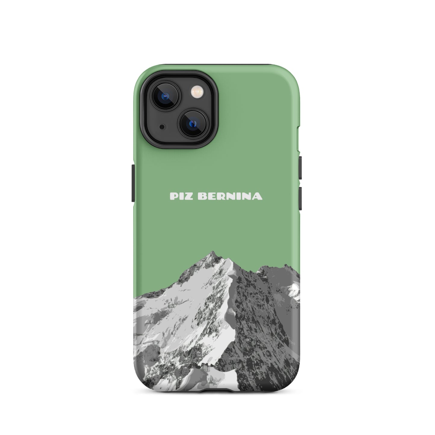 Hülle für das iPhone 14 von Apple in der Farbe Hellgrün, dass den Piz Bernina in Graubünden zeigt.