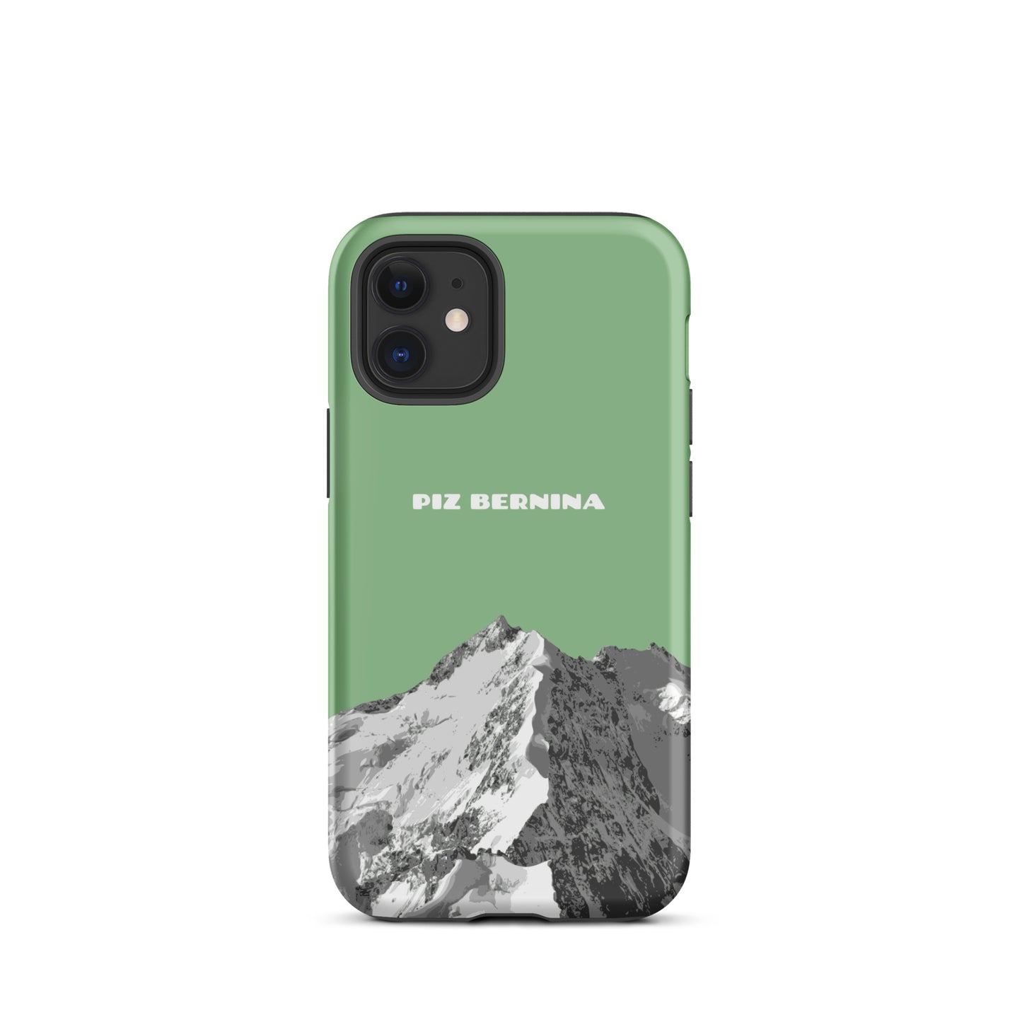 Hülle für das iPhone 12 Mini von Apple in der Farbe Hellgrün, dass den Piz Bernina in Graubünden zeigt.