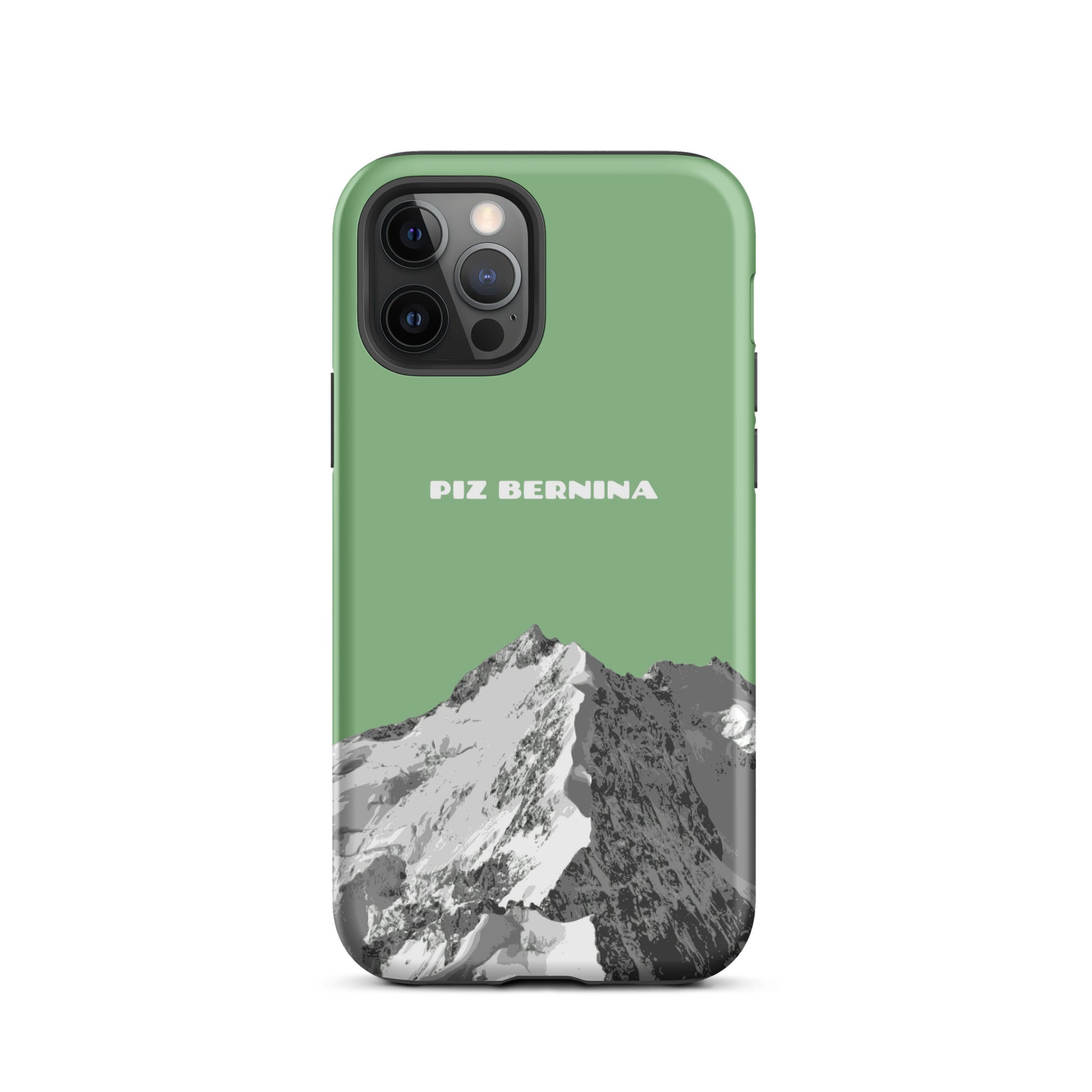 Hülle für das iPhone 12 Pro von Apple in der Farbe Hellgrün, dass den Piz Bernina in Graubünden zeigt.