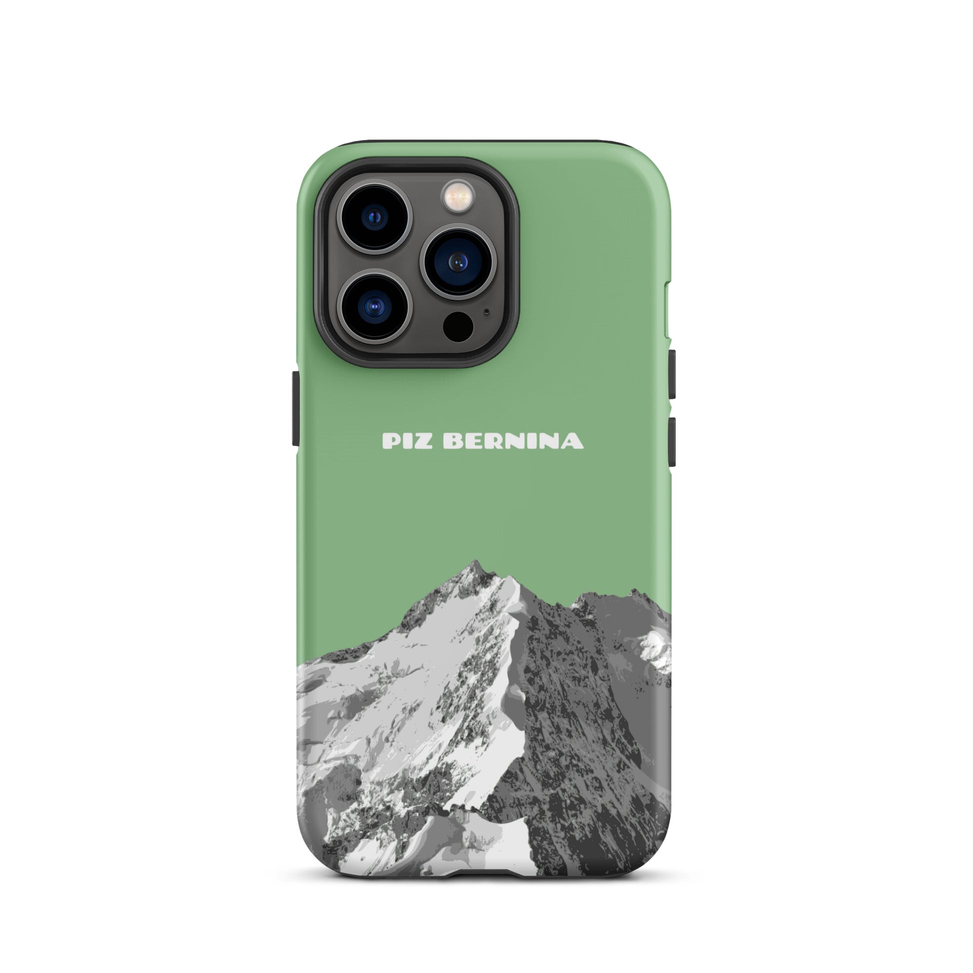 Hülle für das iPhone 13 Pro von Apple in der Farbe Hellgrün, dass den Piz Bernina in Graubünden zeigt.