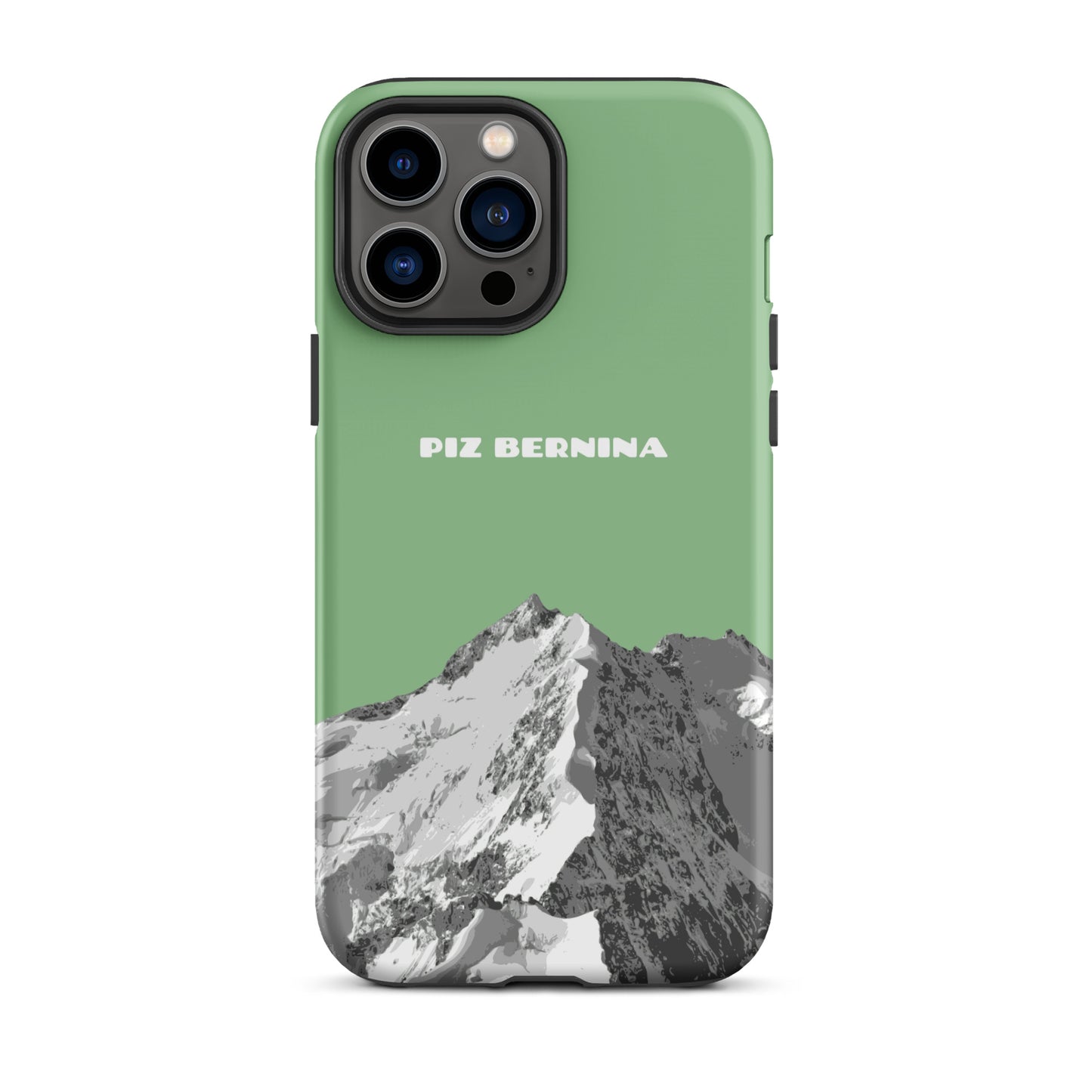 Hülle für das iPhone 13 Pro Max von Apple in der Farbe Hellgrün, dass den Piz Bernina in Graubünden zeigt.