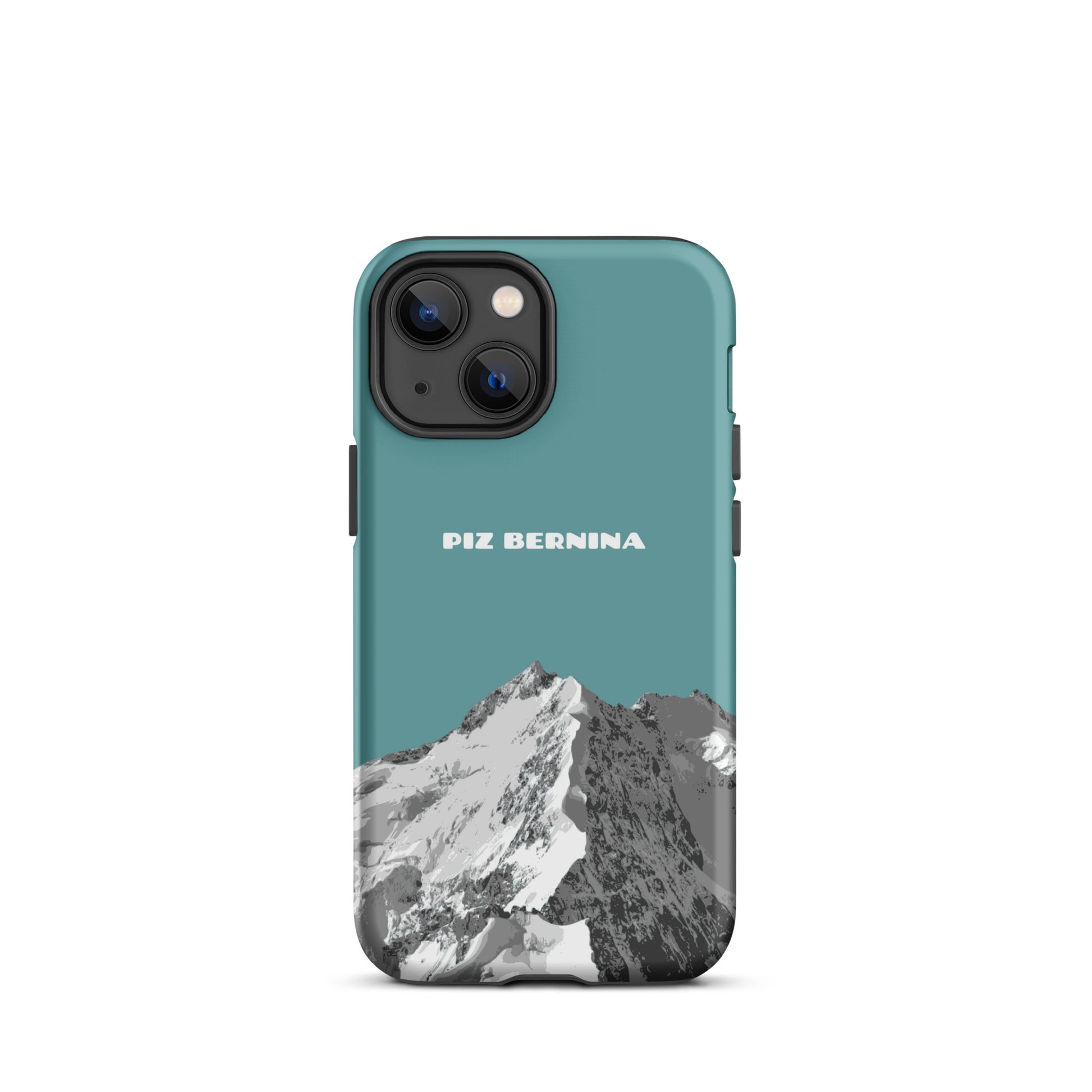 Hülle für das iPhone 13 Mini von Apple in der Farbe Kadettenblau, dass den Piz Bernina in Graubünden zeigt.