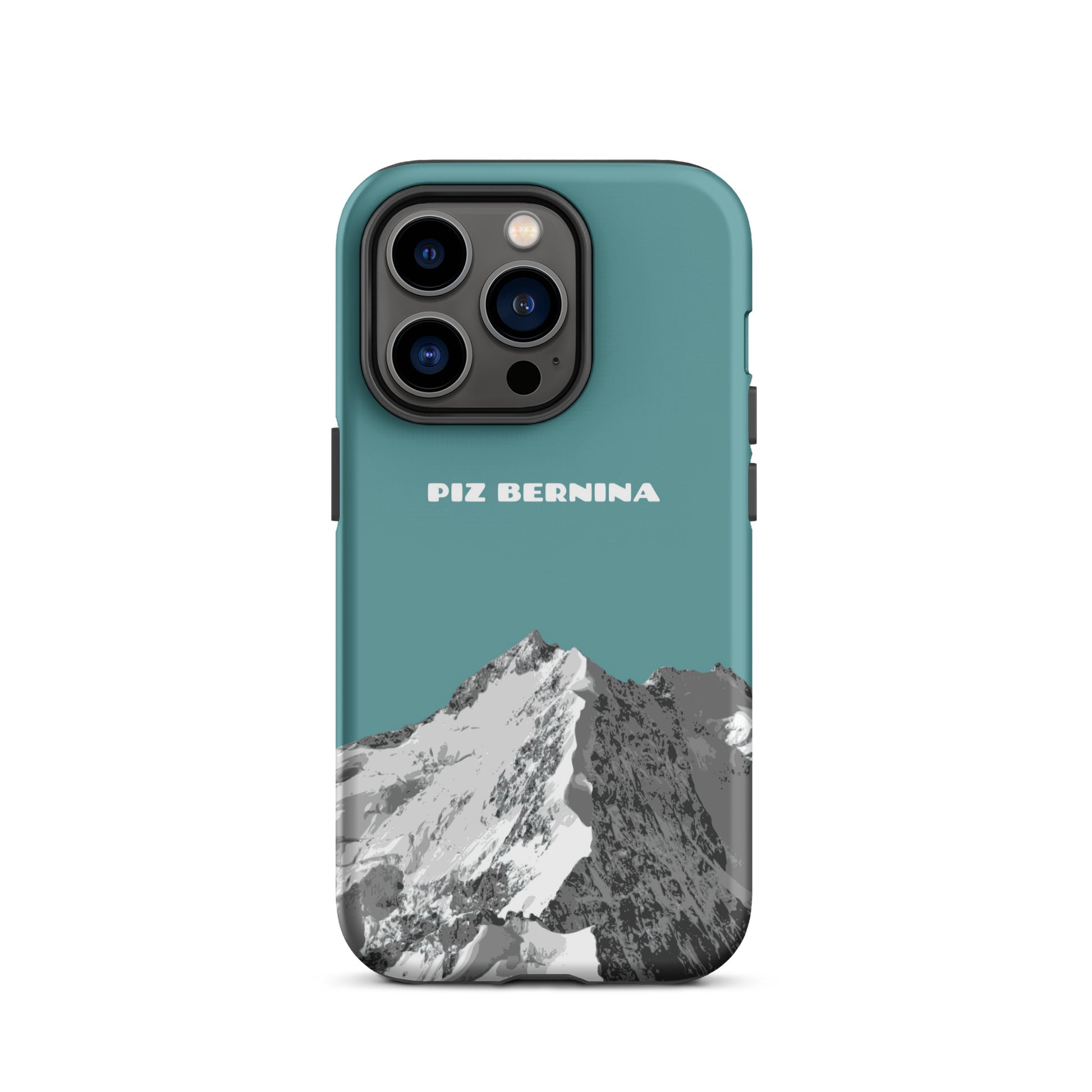Hülle für das iPhone 14 Pro von Apple in der Farbe Kadettenblau, dass den Piz Bernina in Graubünden zeigt.