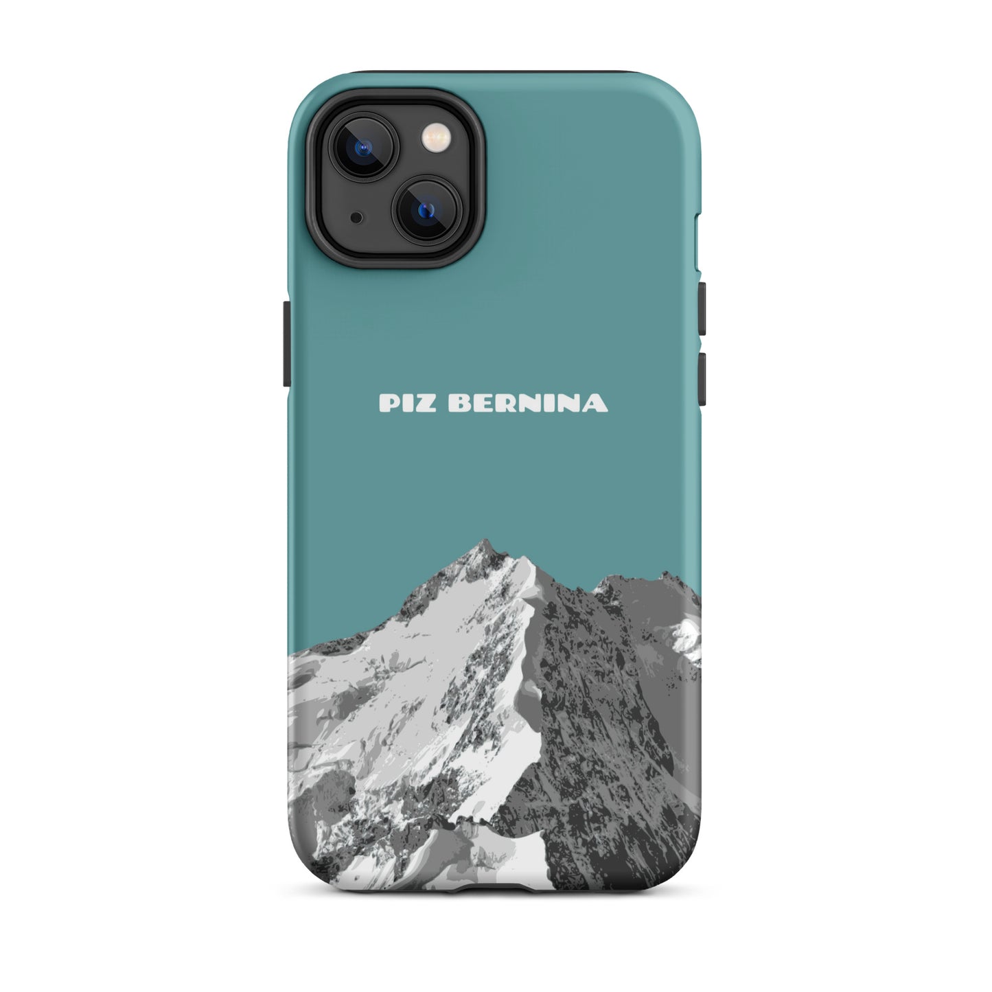 Hülle für das iPhone 14 Plus von Apple in der Farbe Kadettenblau, dass den Piz Bernina in Graubünden zeigt.