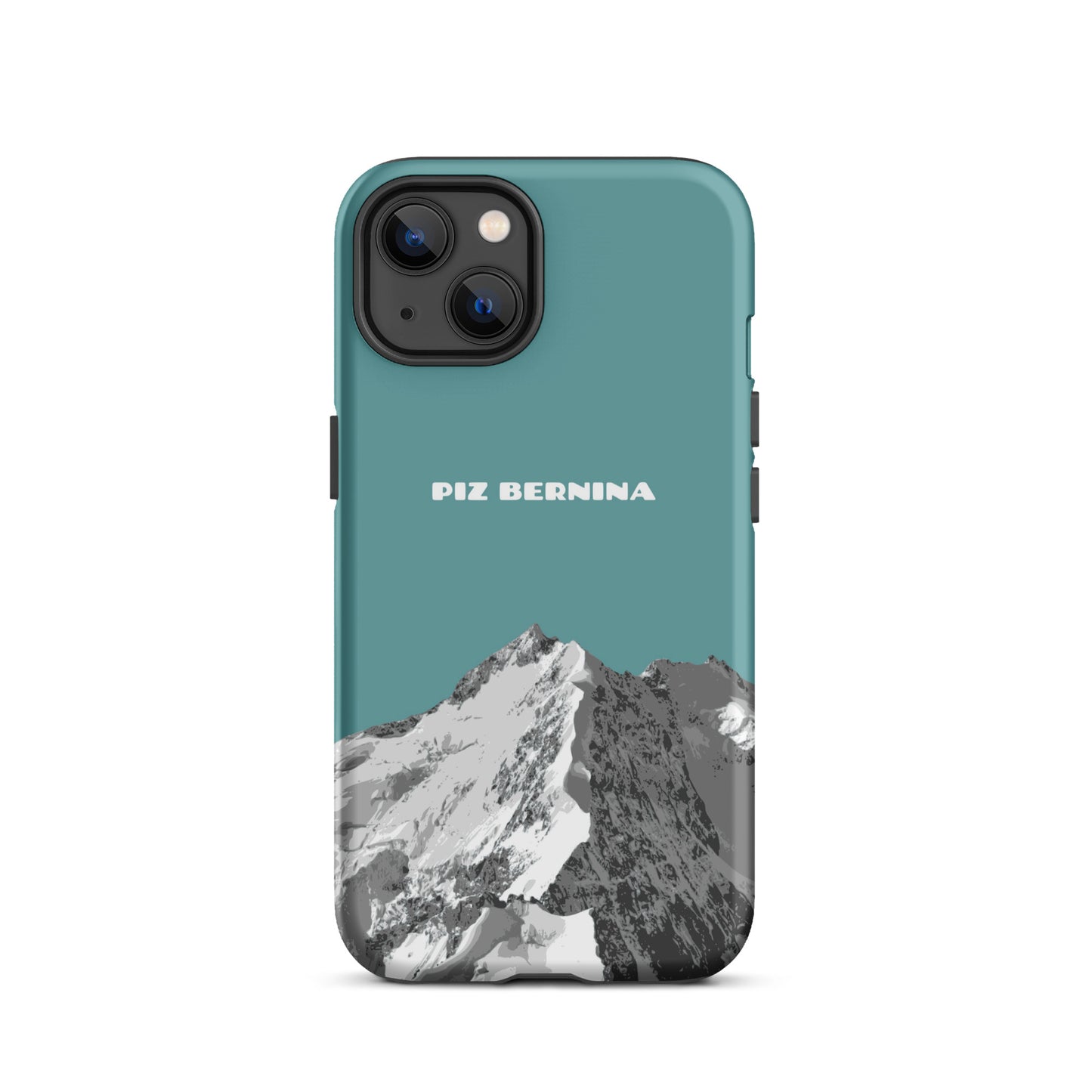 Hülle für das iPhone 13 von Apple in der Farbe Kadettenblau, dass den Piz Bernina in Graubünden zeigt.