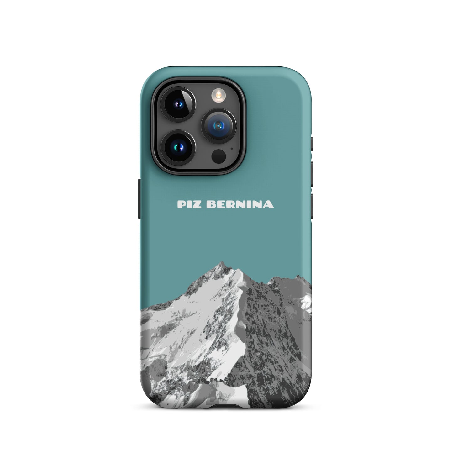Hülle für das iPhone 15 Pro von Apple in der Farbe Kadettenblau, dass den Piz Bernina in Graubünden zeigt.