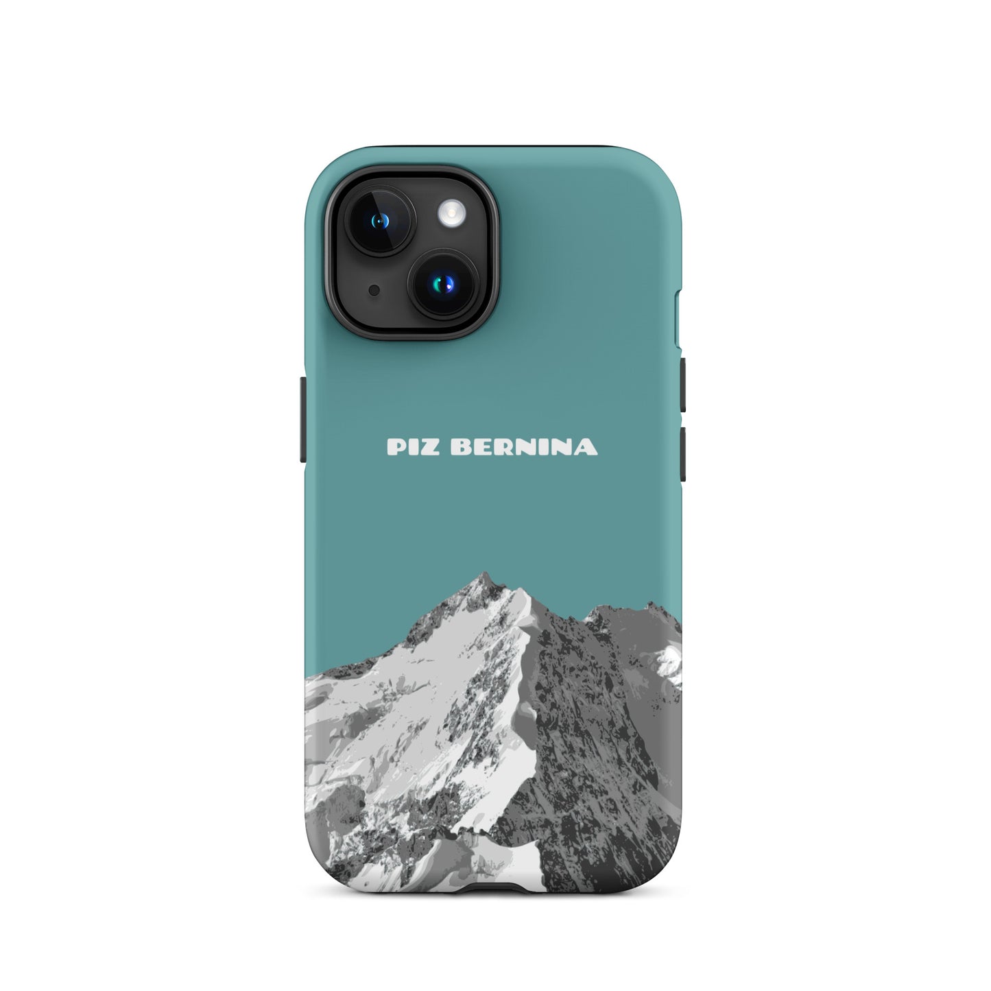 Hülle für das iPhone 15 von Apple in der Farbe Kadettenblau, dass den Piz Bernina in Graubünden zeigt.