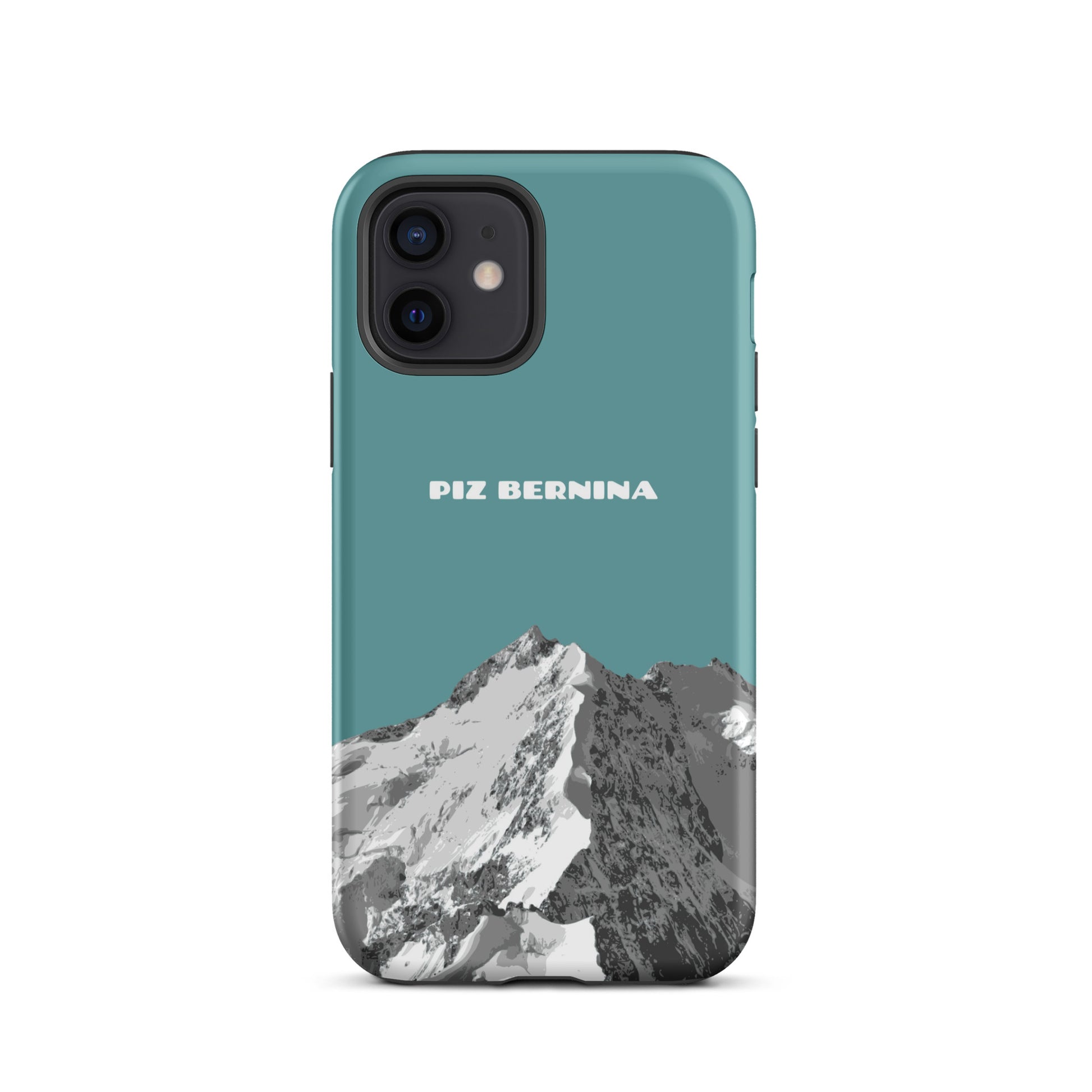 Hülle für das iPhone 12 von Apple in der Farbe Kadettenblau, dass den Piz Bernina in Graubünden zeigt.