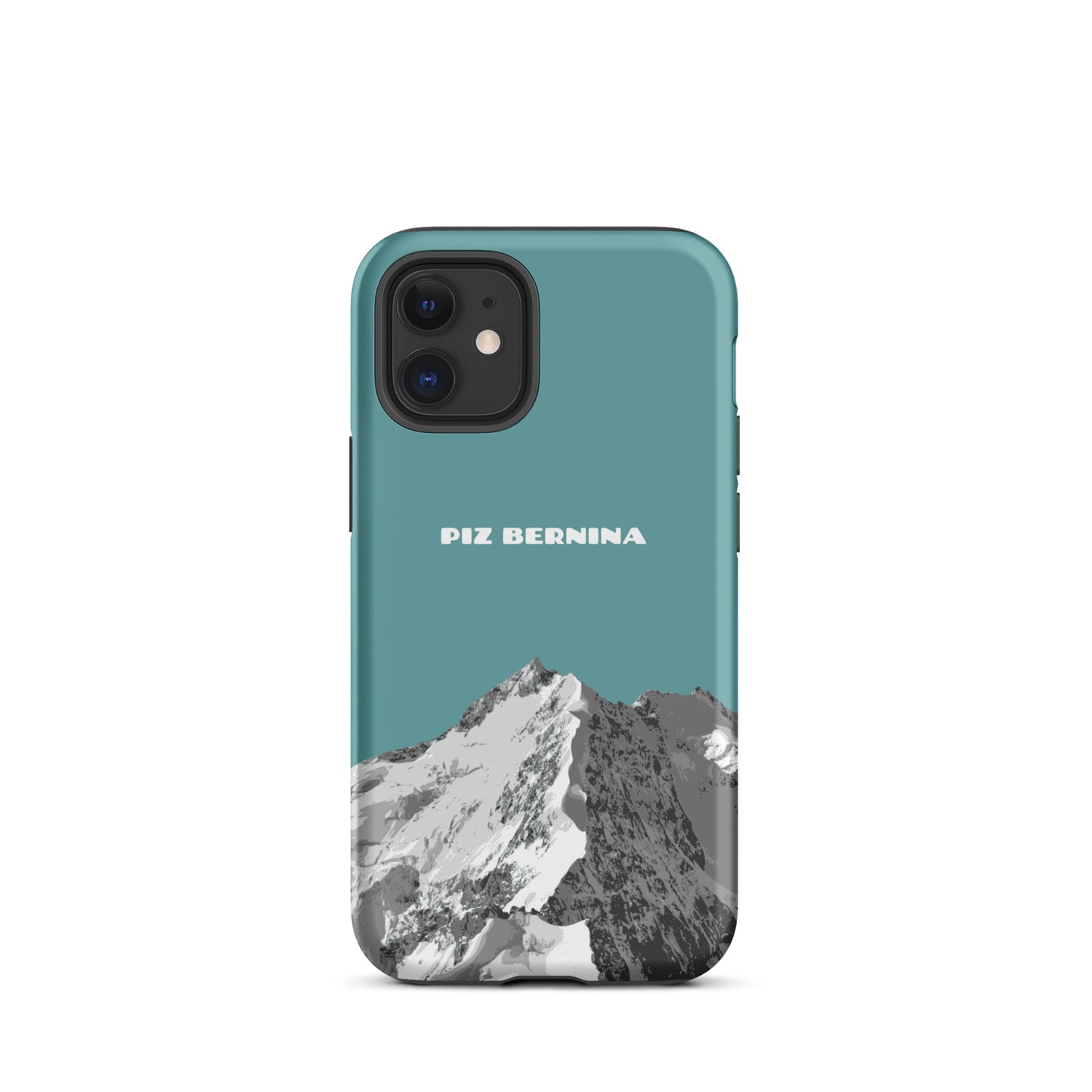 Hülle für das iPhone 12 Mini von Apple in der Farbe Kadettenblau, dass den Piz Bernina in Graubünden zeigt.