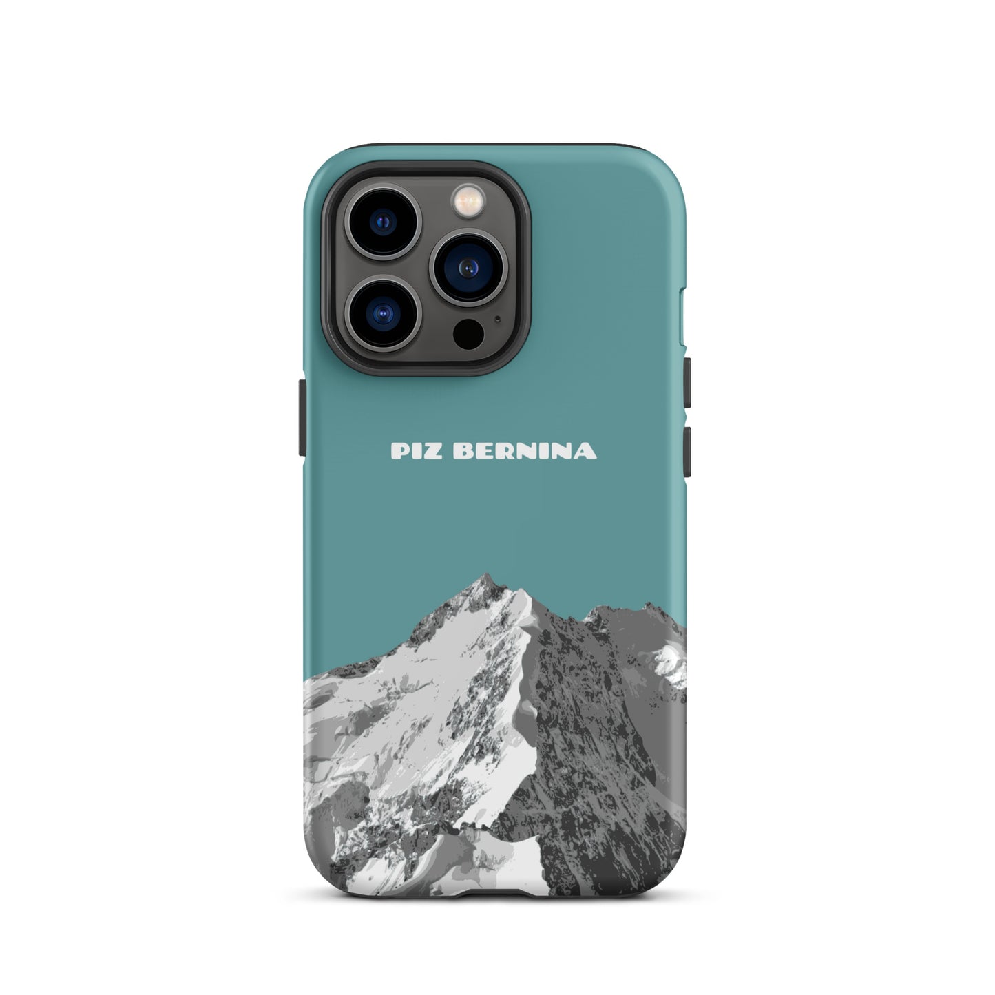 Hülle für das iPhone 13 Pro von Apple in der Farbe Kadettenblau, dass den Piz Bernina in Graubünden zeigt.