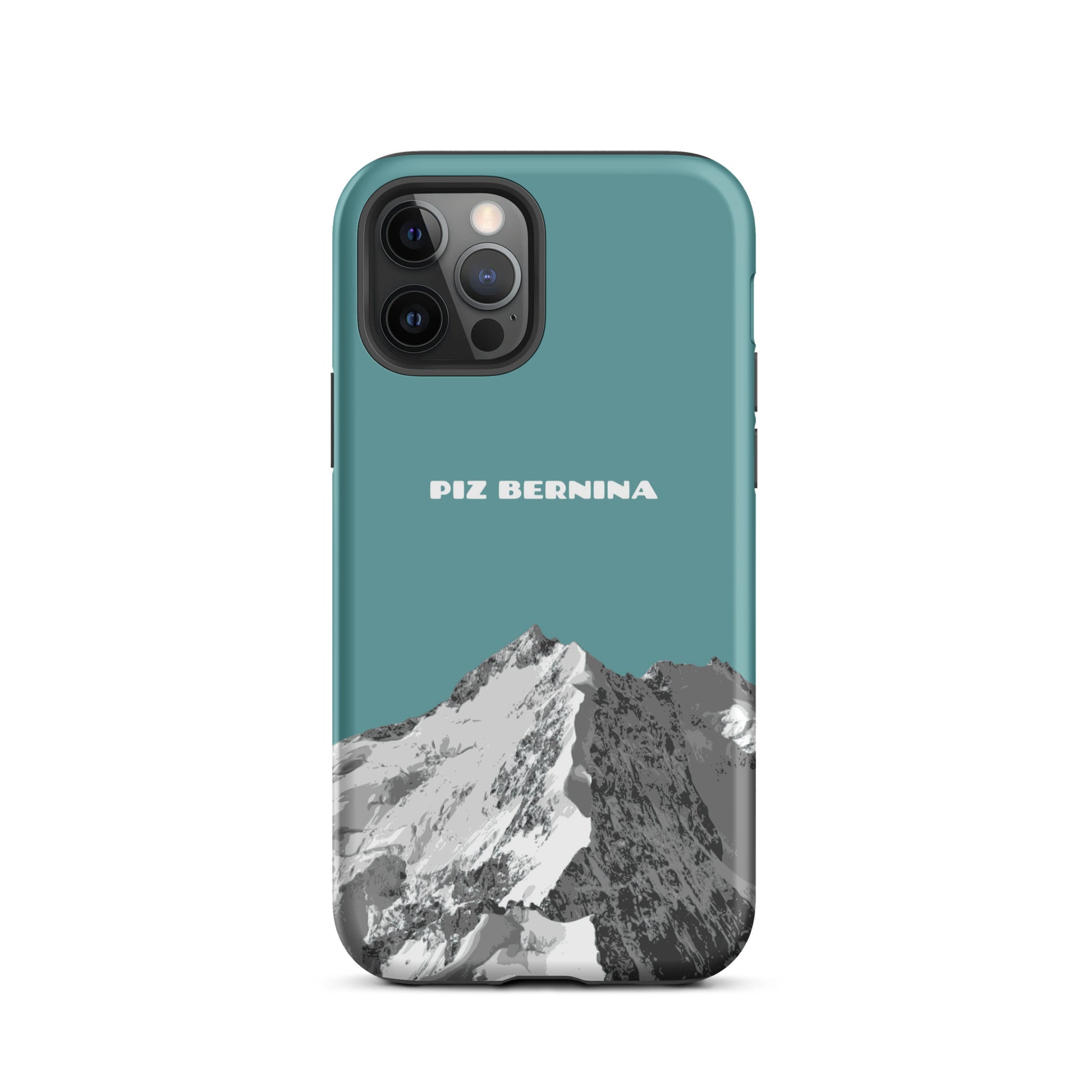 Hülle für das iPhone 12 Pro von Apple in der Farbe Kadettenblau, dass den Piz Bernina in Graubünden zeigt.