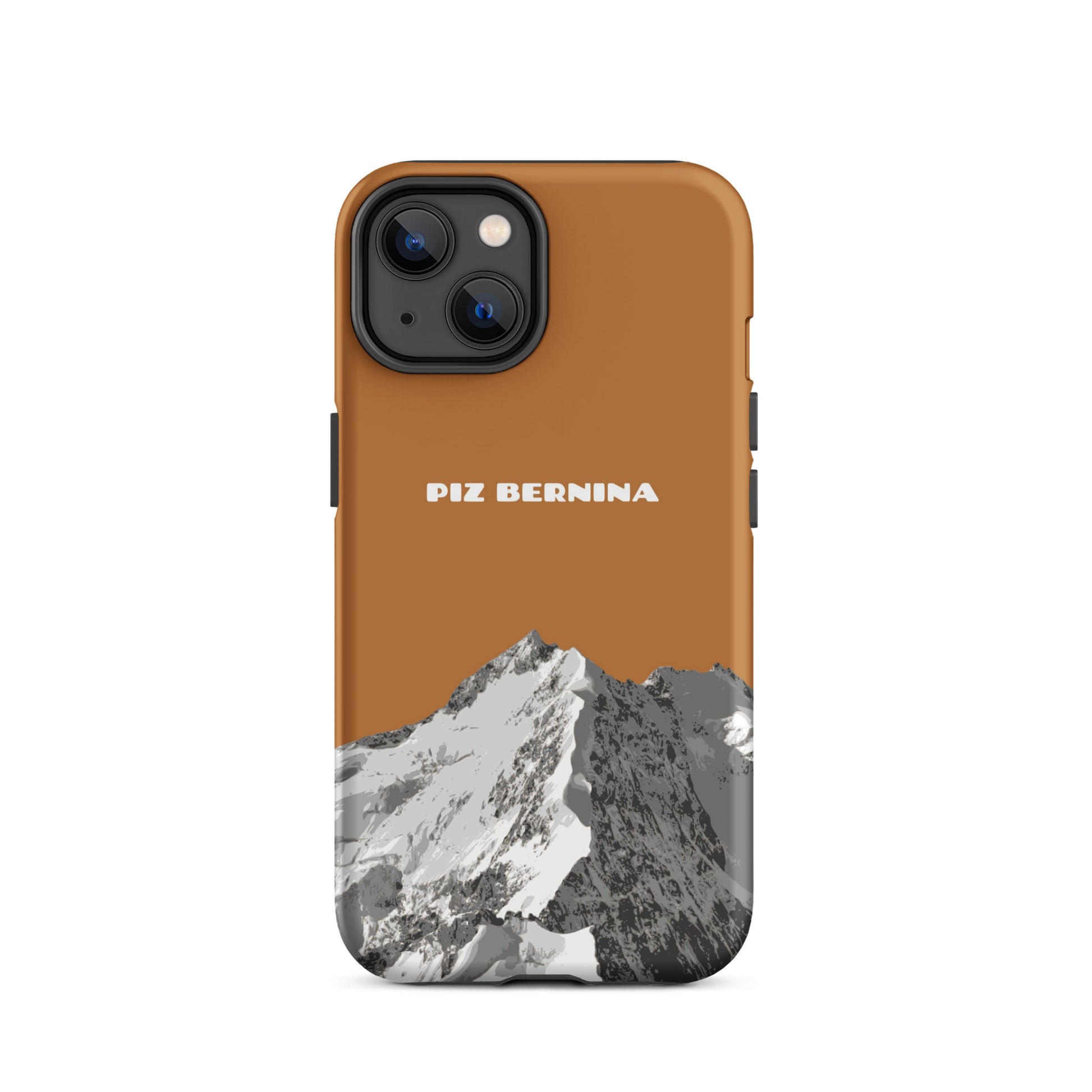 Hülle für das iPhone 14 von Apple in der Farbe Kupfer, dass den Piz Bernina in Graubünden zeigt.