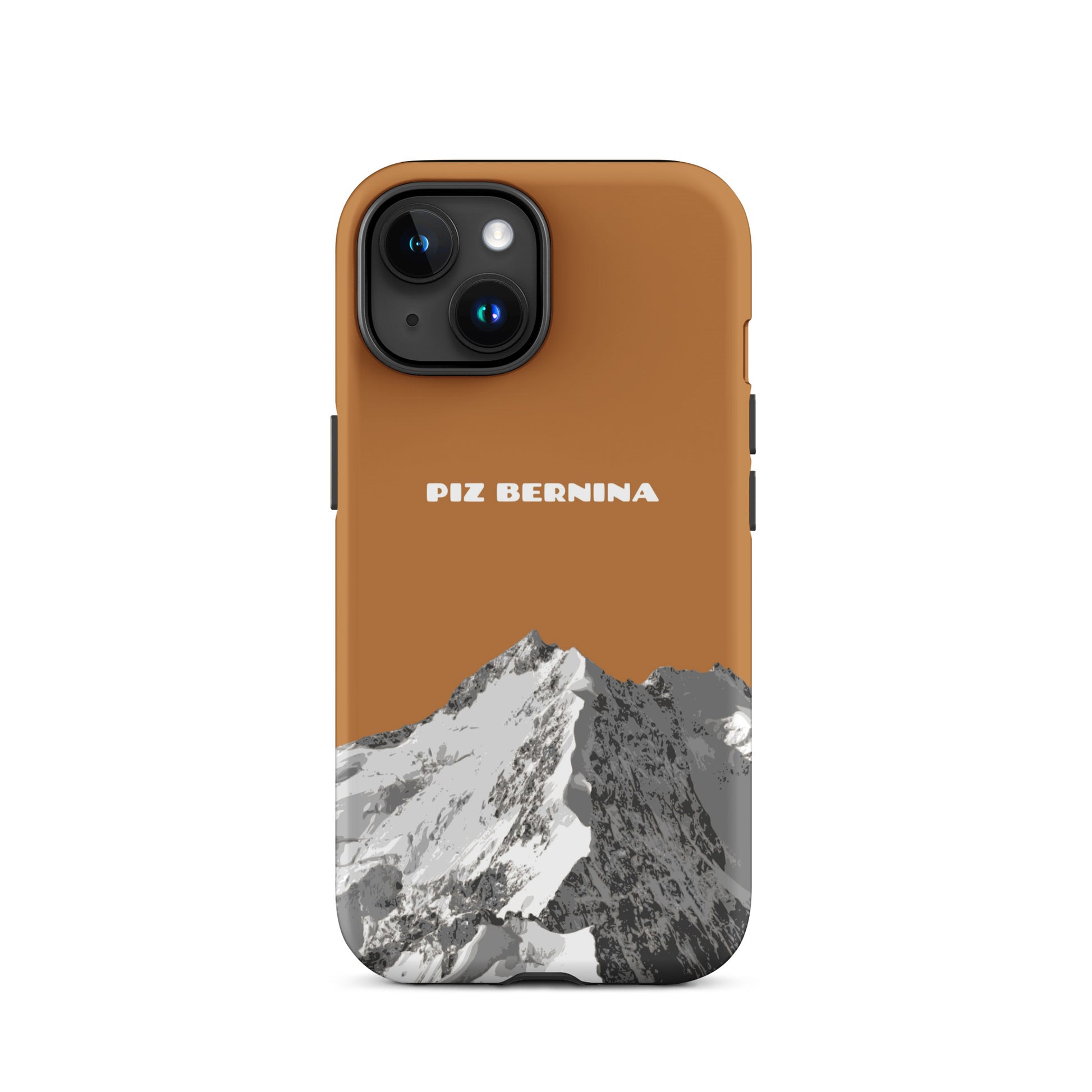 Hülle für das iPhone 15 von Apple in der Farbe Kupfer, dass den Piz Bernina in Graubünden zeigt.