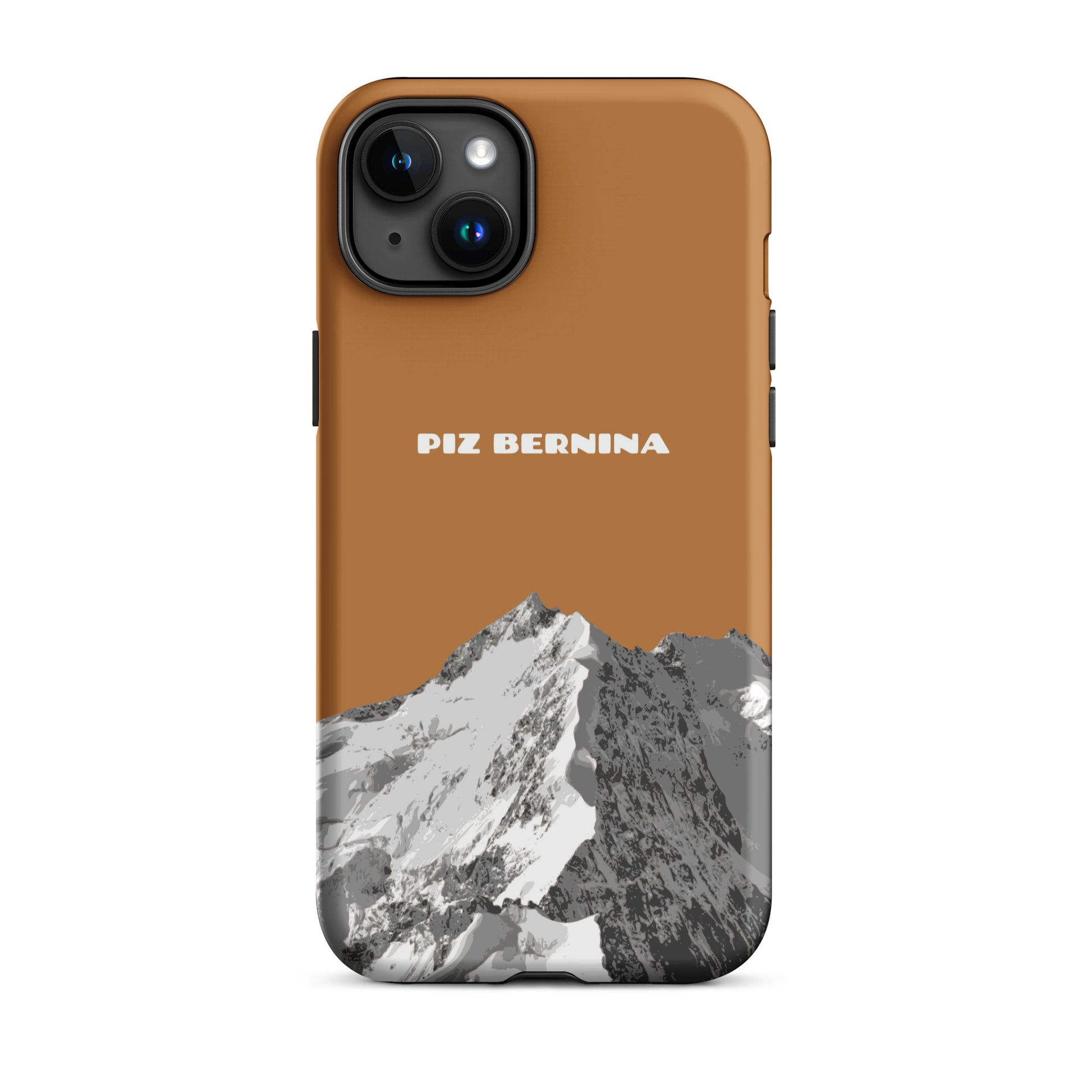 Hülle für das iPhone 15 Plus von Apple in der Farbe Kupfer, dass den Piz Bernina in Graubünden zeigt.