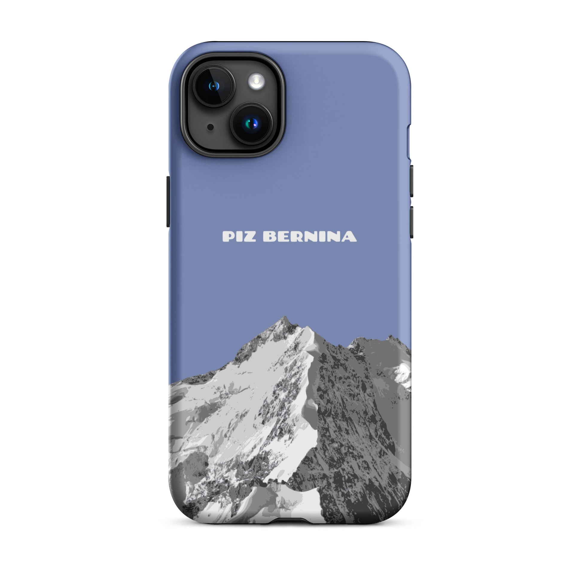 Hülle für das iPhone 15 Plus von Apple in der Farbe Pastellblau, dass den Piz Bernina in Graubünden zeigt.