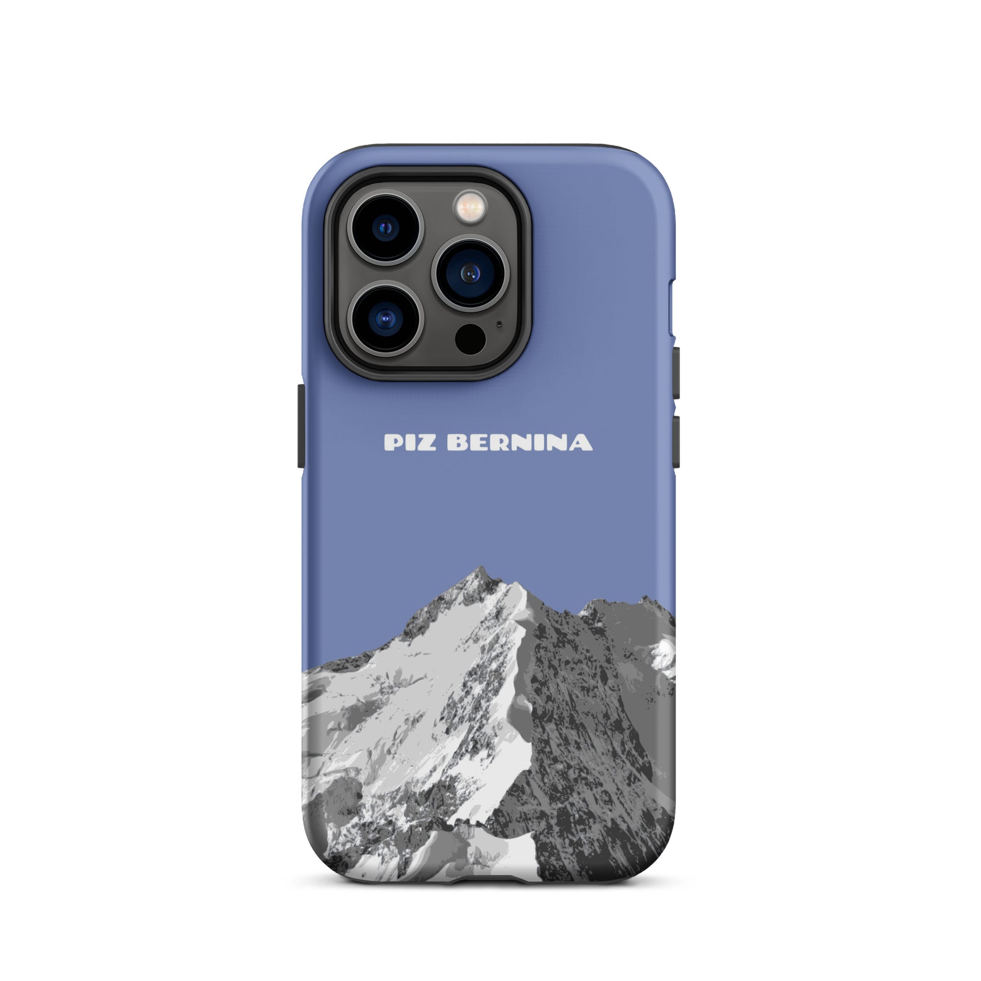 Hülle für das iPhone 14 Pro von Apple in der Farbe Pastellblau, dass den Piz Bernina in Graubünden zeigt.