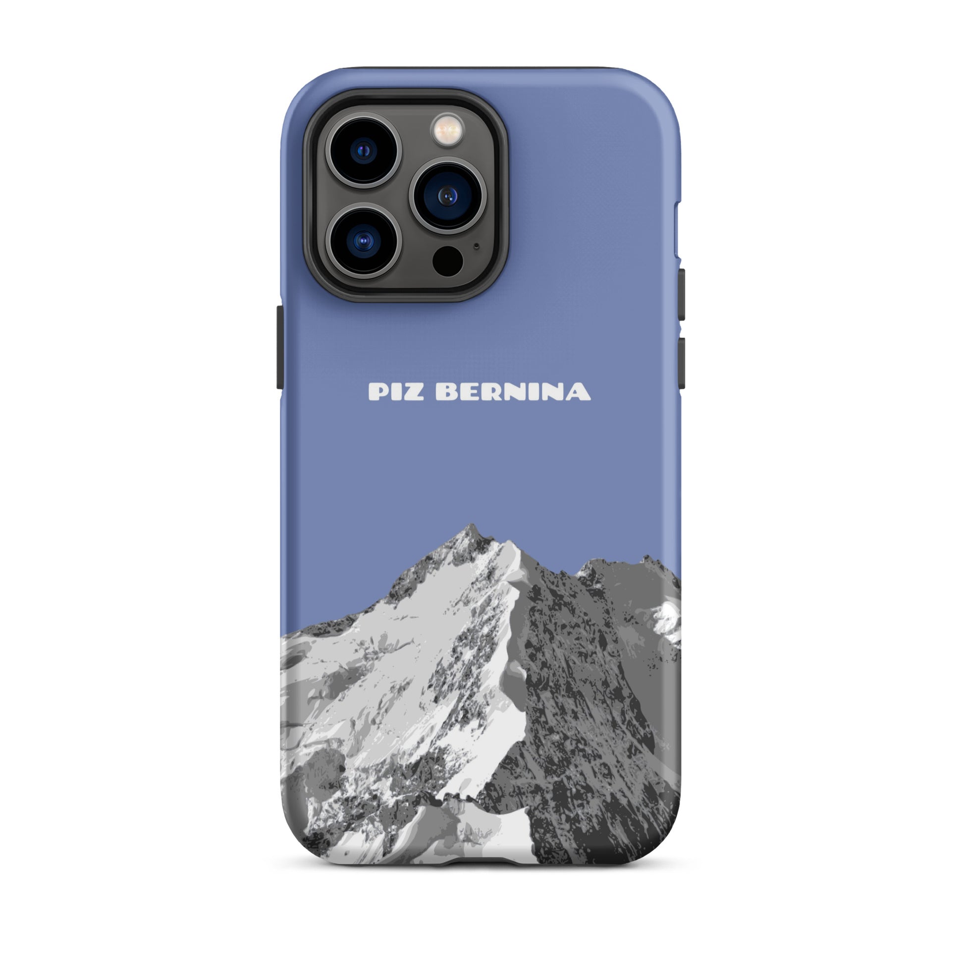 Hülle für das iPhone 14 Pro Max von Apple in der Farbe Pastellblau, dass den Piz Bernina in Graubünden zeigt.